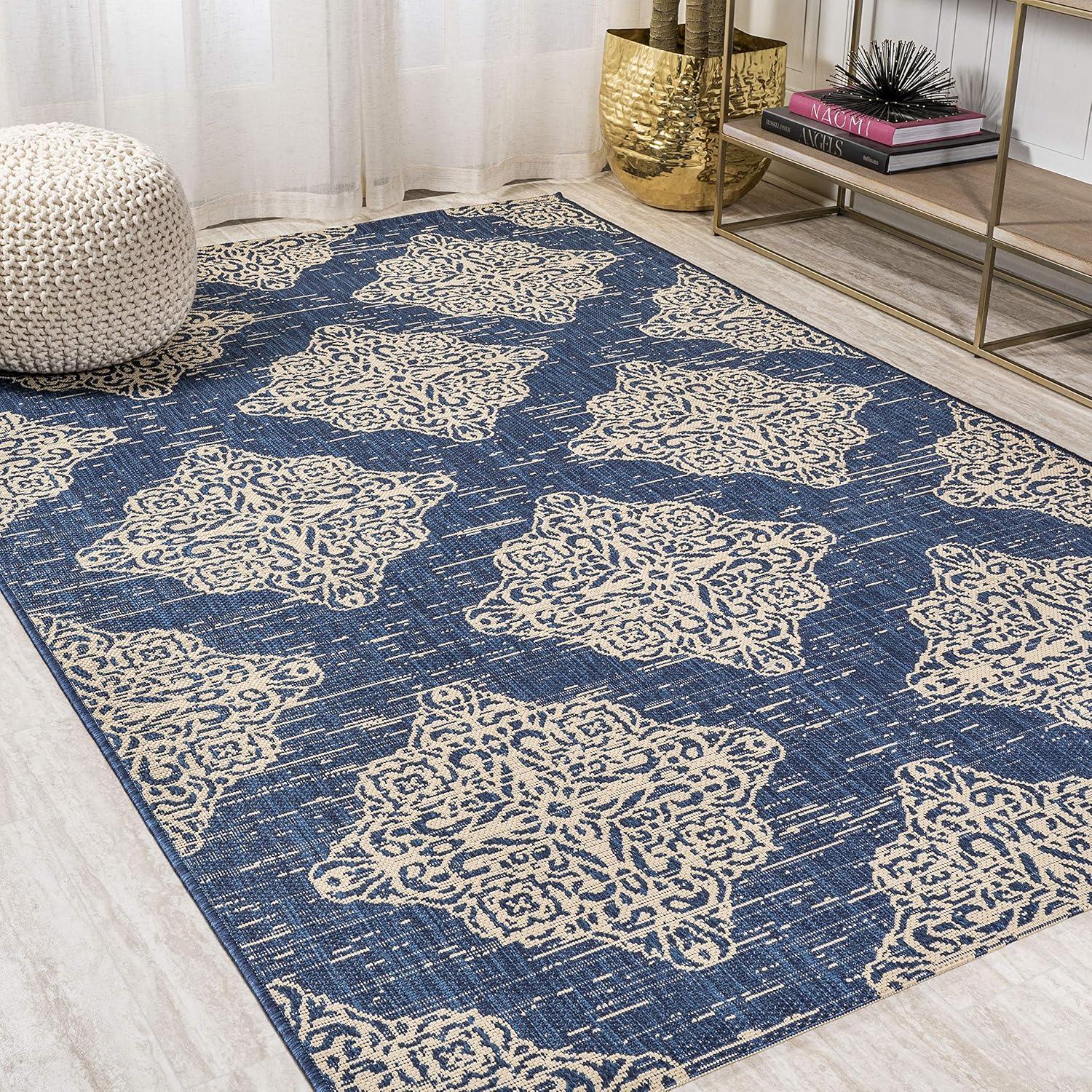 4'x6' Tuscany Ornate Medallions Indoor/Outdoor Area Rug, Navy/Beige - JONATHAN Y