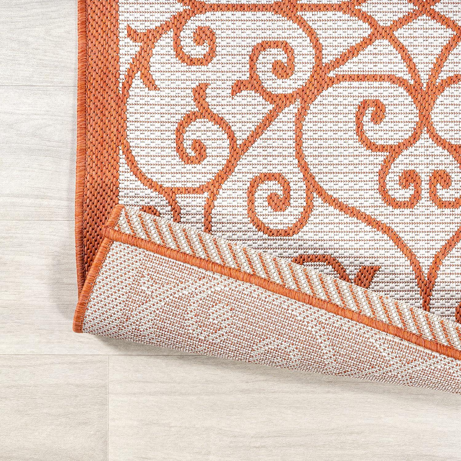 2' x 10' Madrid Vintage Filigree Textured Weave Indoor/Outdoor Runner Rug, Cream/Orange - JONATHAN Y