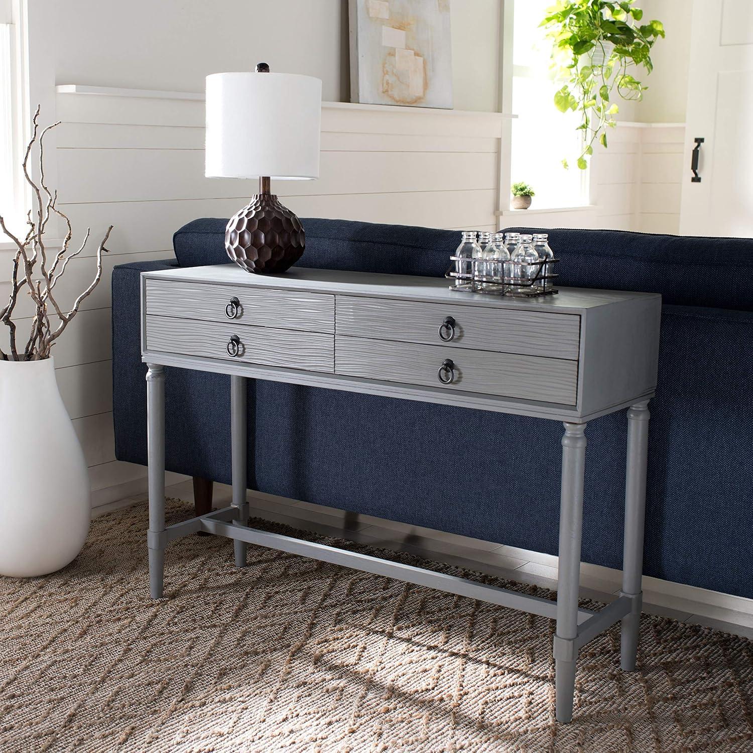 Riviera Elegance Distressed Grey 4-Drawer Metal & Wood Console Table