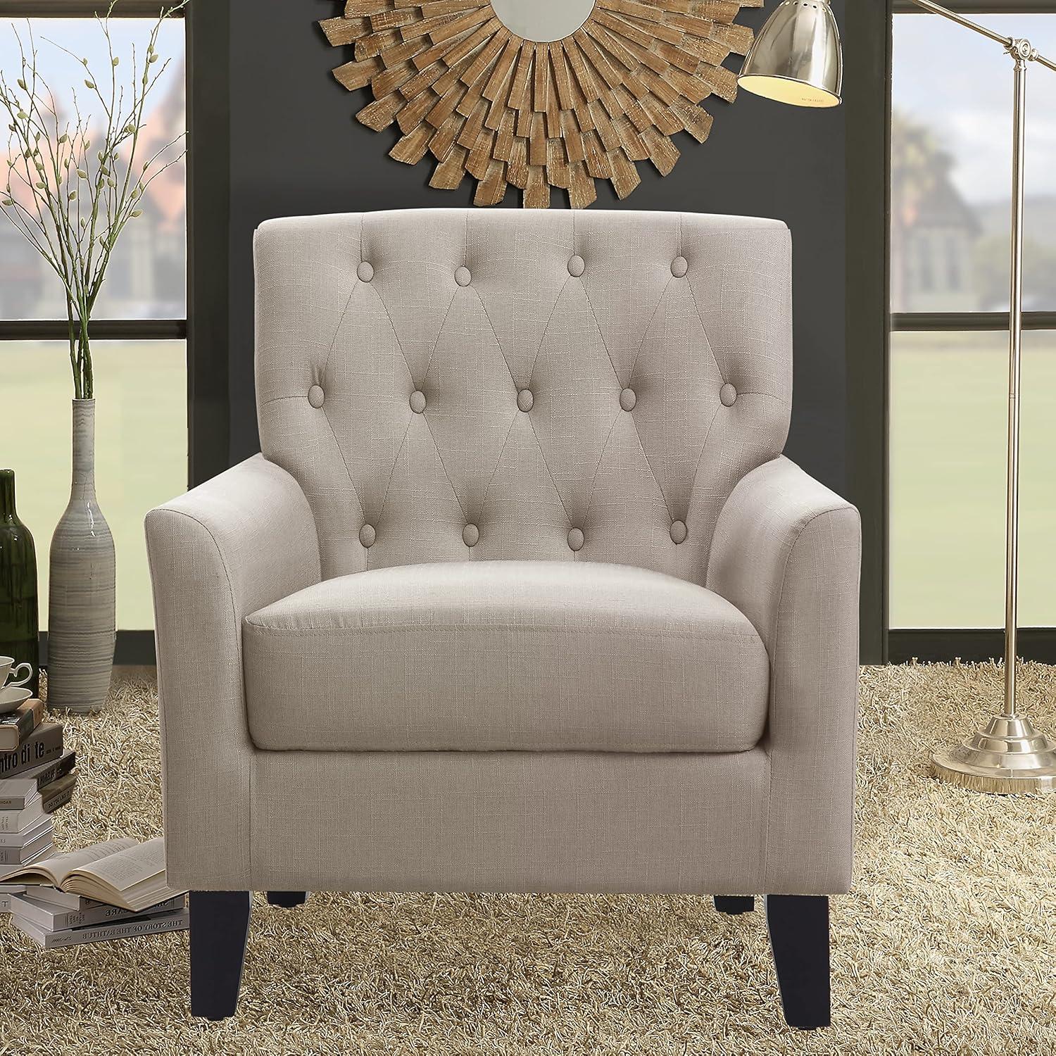 Beige Tufted Back Standard Wood Accent Chair