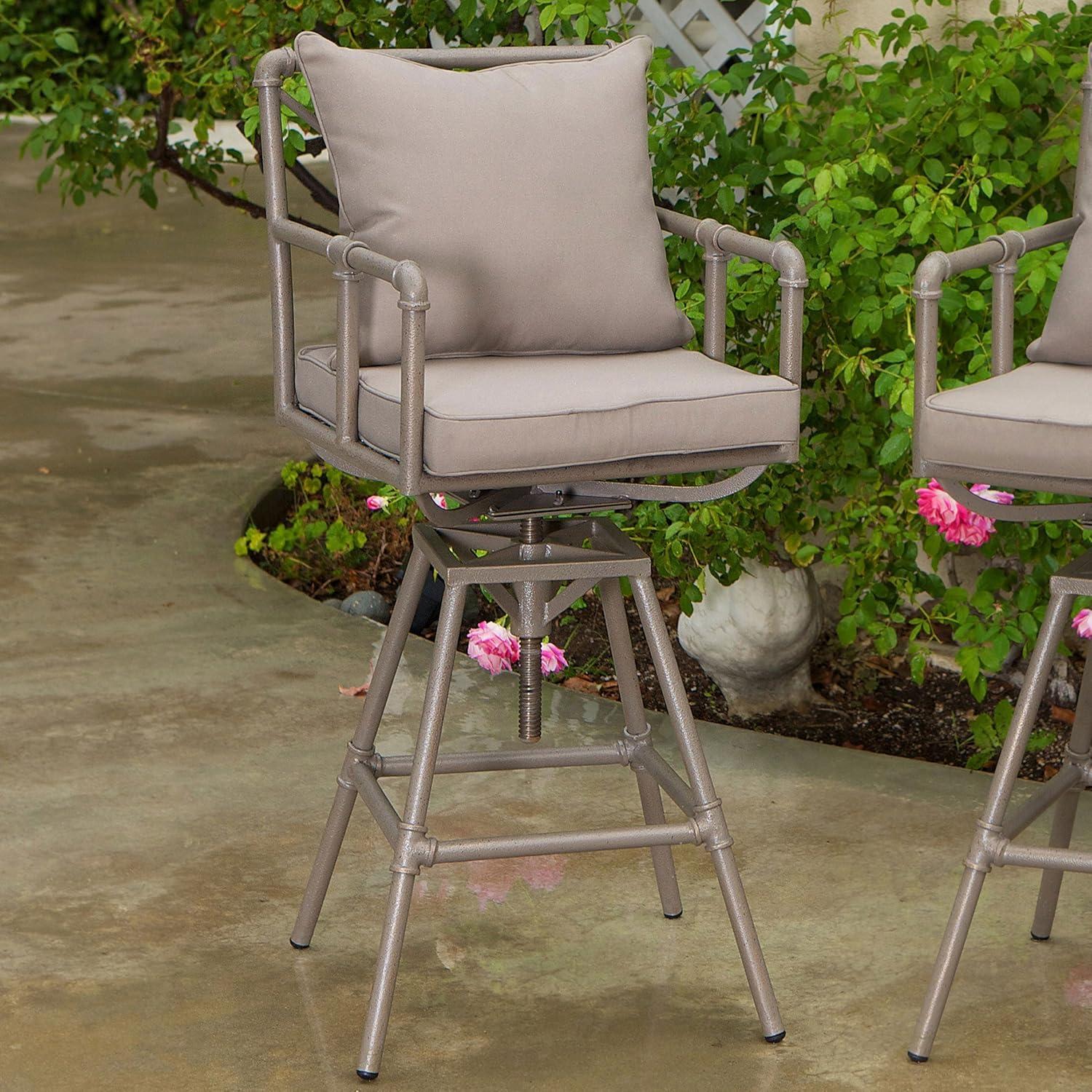 Adjustable Brass and Beige Outdoor Pipe Barstool with Cushions