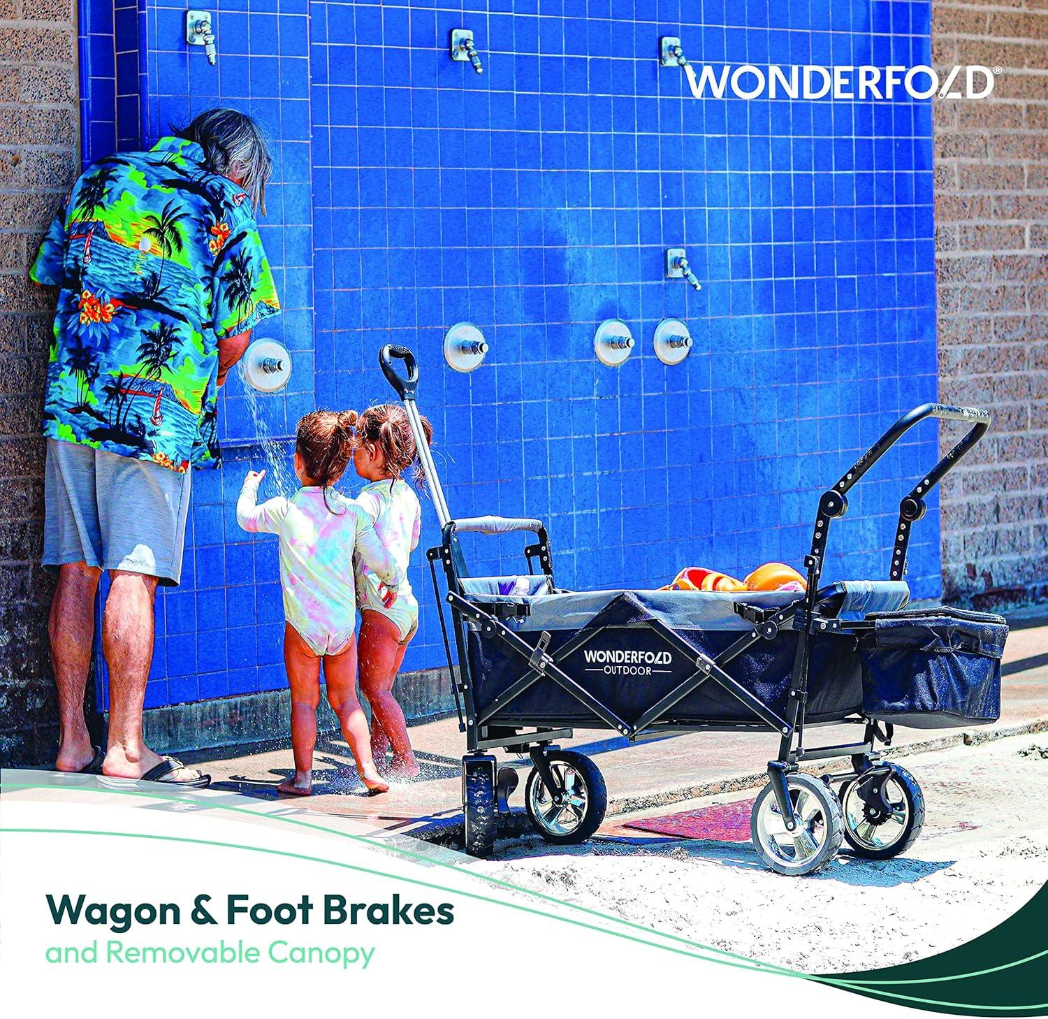 WonderFold Outdoor Wonderfold S4 Push & Pull Folding Wagon With Canopy & Brakes - Black