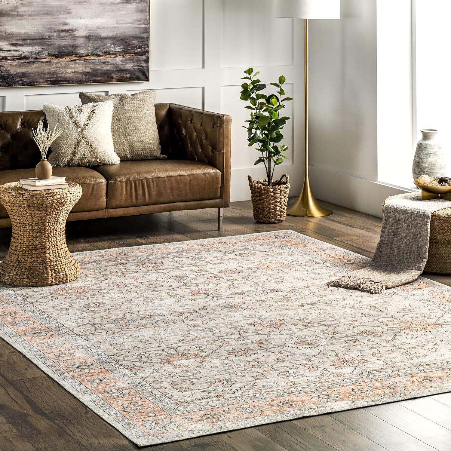 Eco-Friendly Faded Floral 8' x 10' Synthetic Washable Rug