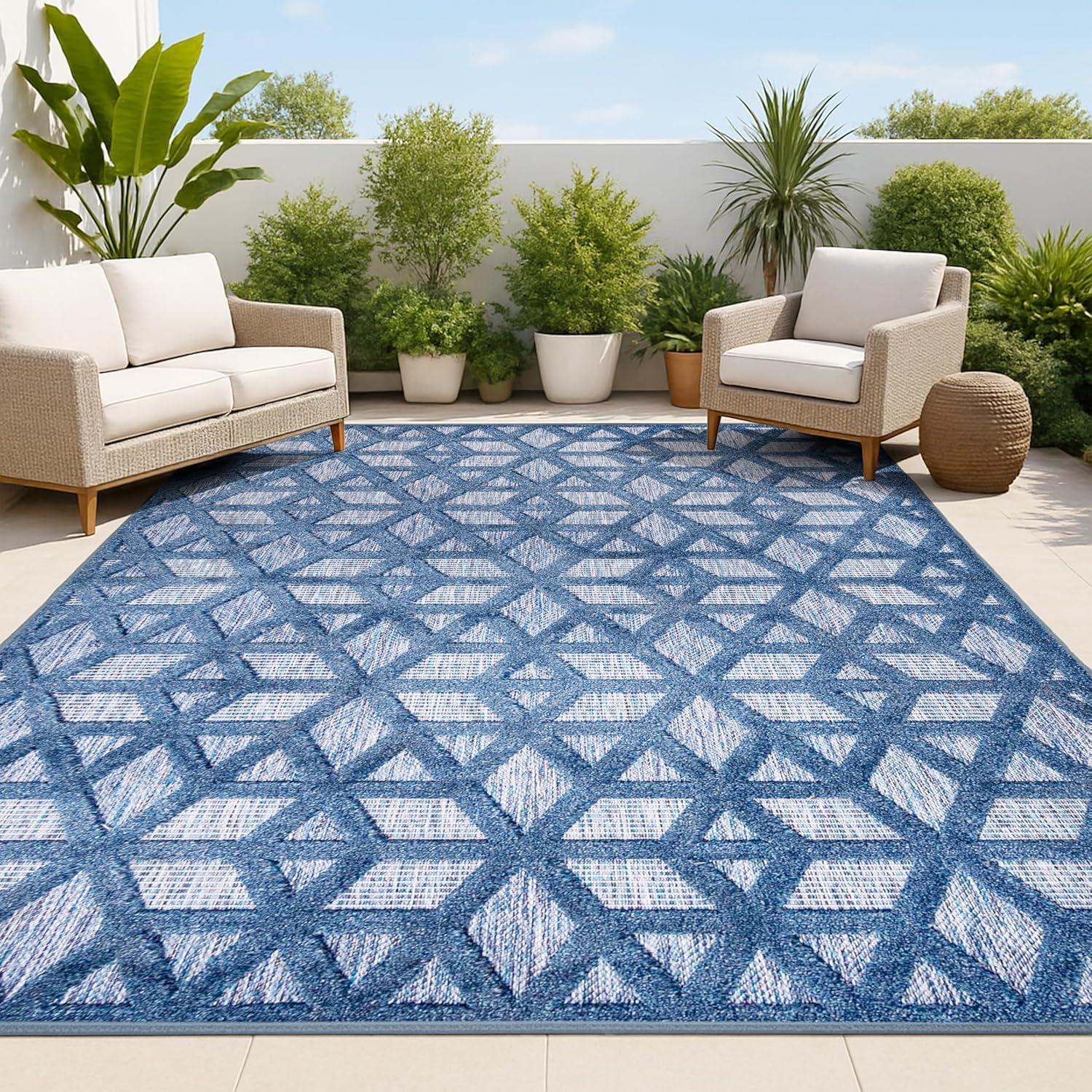 JONATHAN Y Talaia Neutral Geometric Navy 8 ft. x 10 ft. Indoor/Outdoor Area Rug