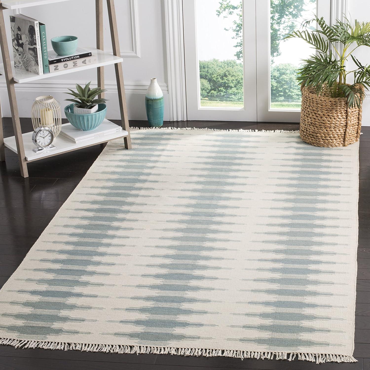 Kilim NVK179 Hand Woven Indoor Area Rug - Ivory/Blue - 5'x8' - Safavieh