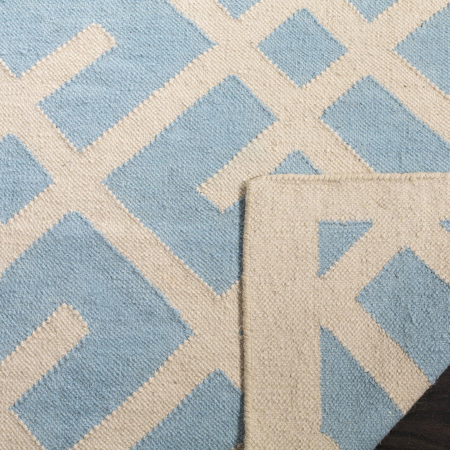 Ivory and Light Blue Geometric Wool Square Rug, 8' x 8'