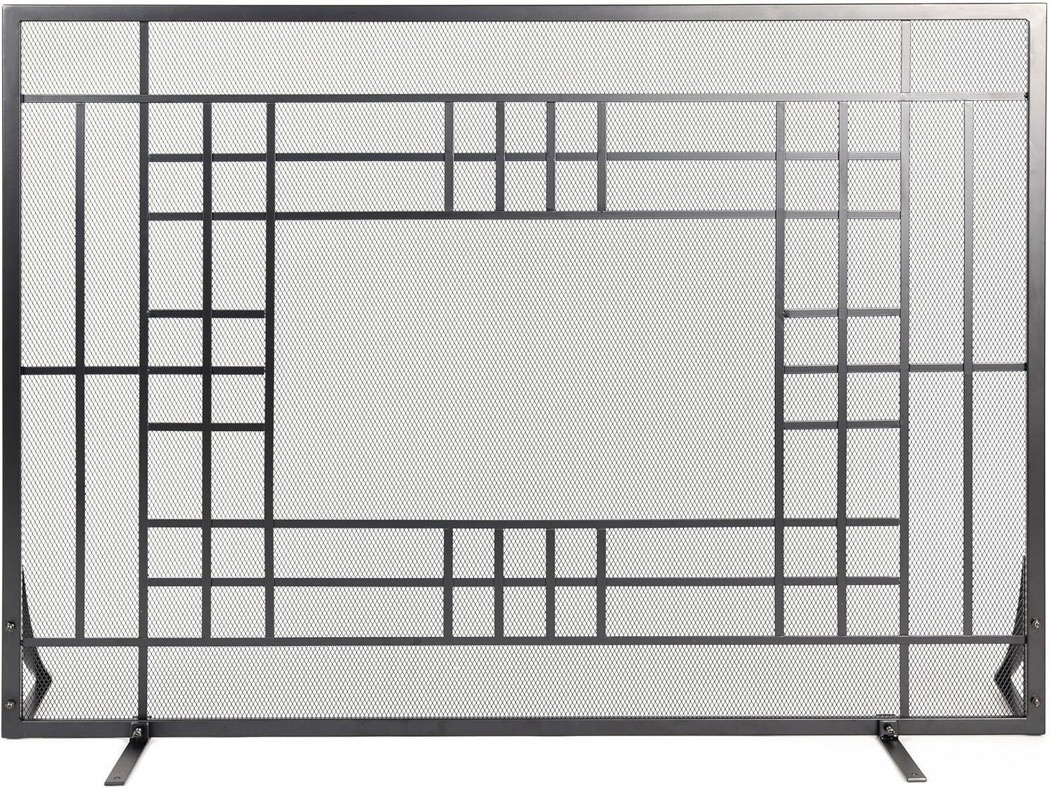 Black Steel Single Panel Fireplace Screen with Mesh Spark Guard