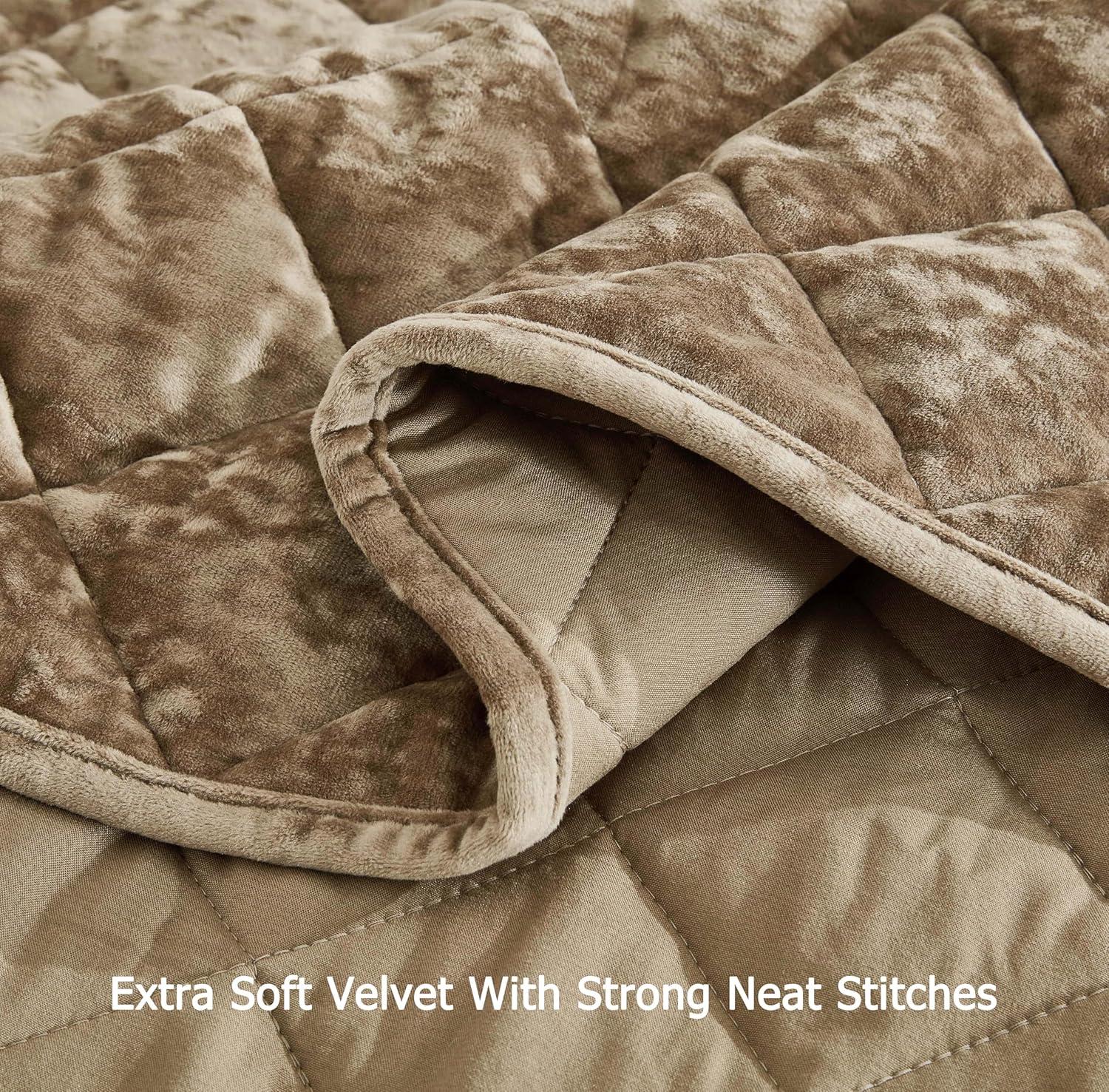 Chezmoi Collection Lux Tan Velvet Quilt Queen Set, 3-Piece Lush Plush Distressed Velvet Bedding All Season Lightweight Comforter Brushed Microfiber Reverse with Diamond Stitch Quilting