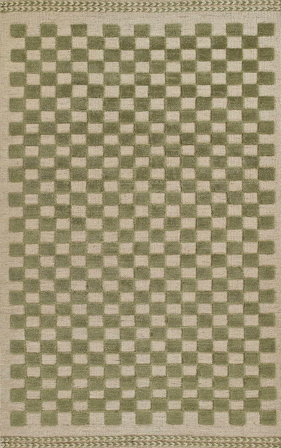 Momeni 5'x8' Willow Check Handwoven Area Rug Green: Wool, Classic Pattern, Low Pile, Indoor Use, Handmade