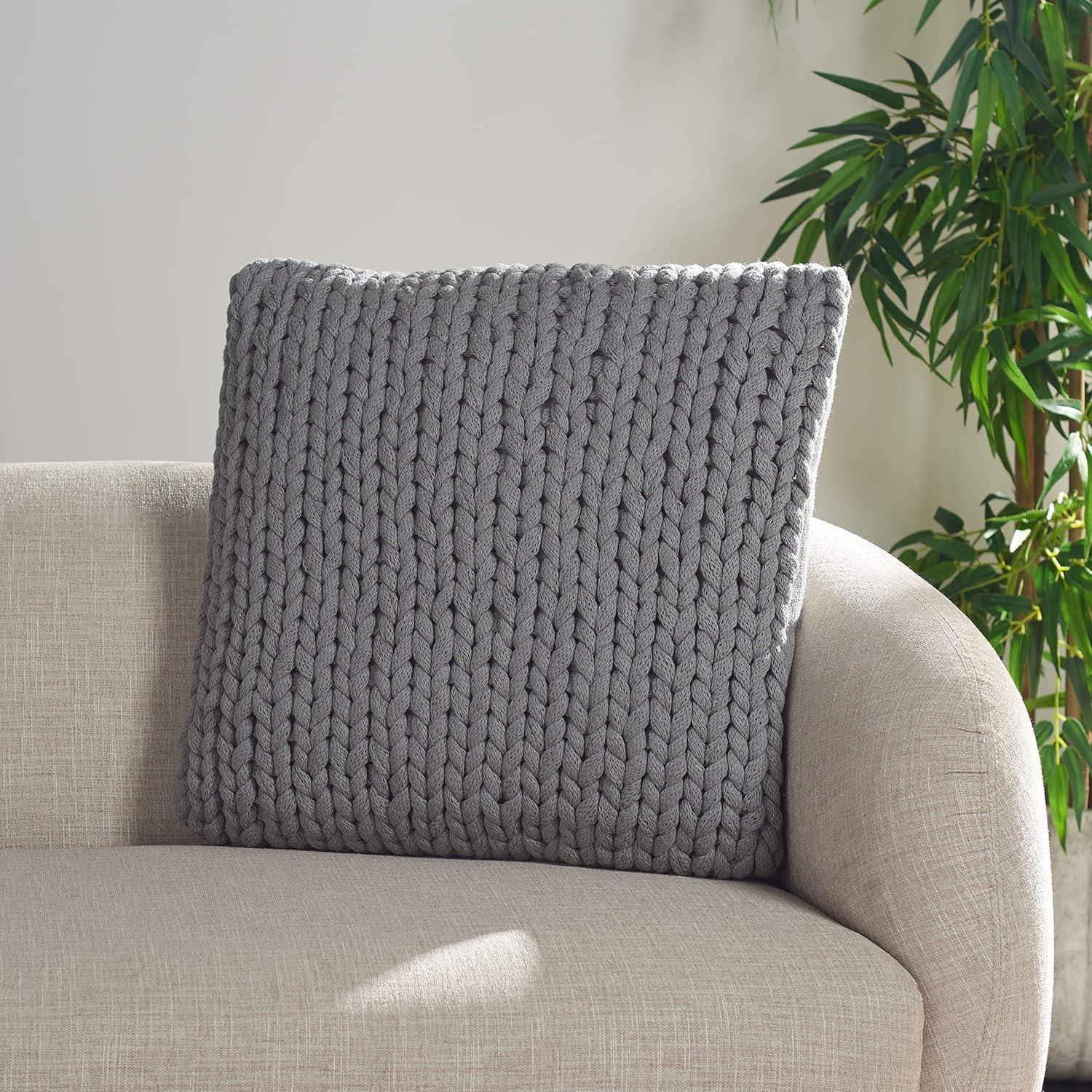 Gray Knit Square Decorative Accent Pillow with Braided Embellishment