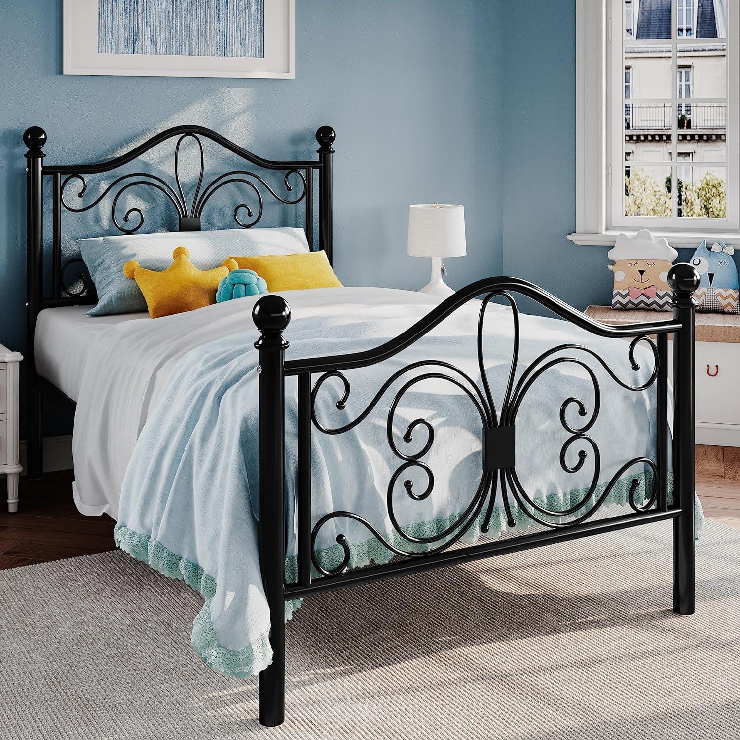 SHA CERLIN Twin Size Bed Frame for Kids,Metal Bed Frame with Butterfly Pattern Design Headboard & Footboard,No Box Spring Needed,Easy Assembly,White