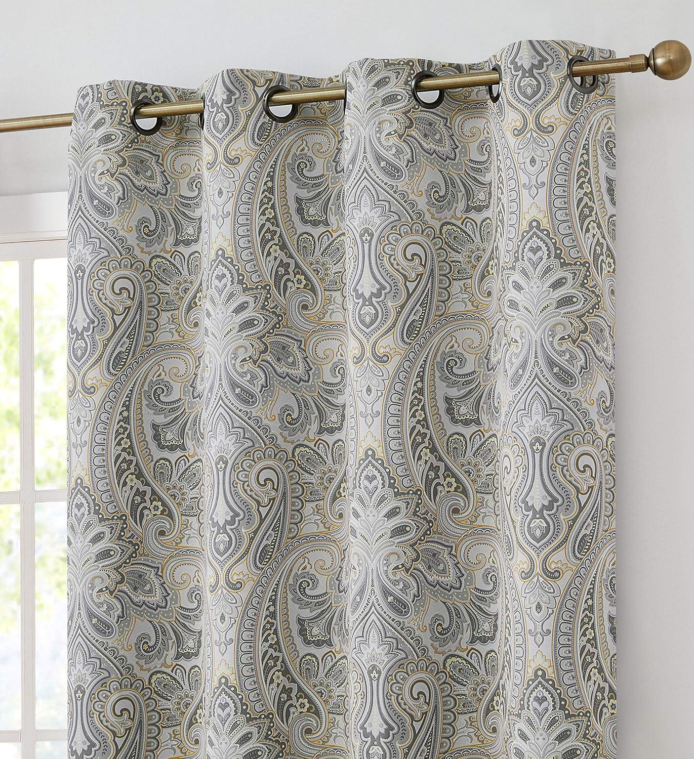 THD France Paisley Print Damask Energy Efficient Room Darkening Grommet Window Curtain Panels - Pair