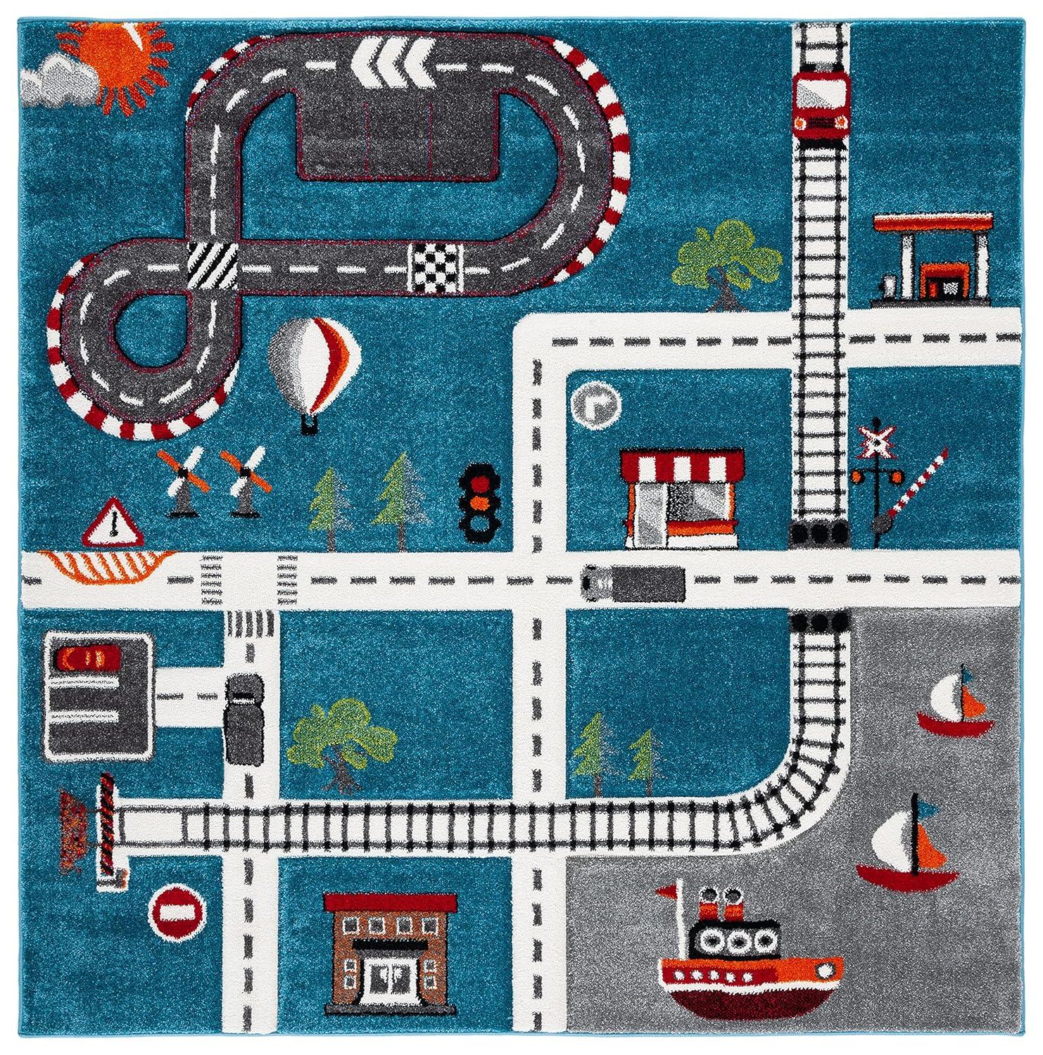 Carousel Kids  CRK192 Loomed Indoor Area Rug - Turquoise/Ivory - 5'3"x5'3" - Safavieh