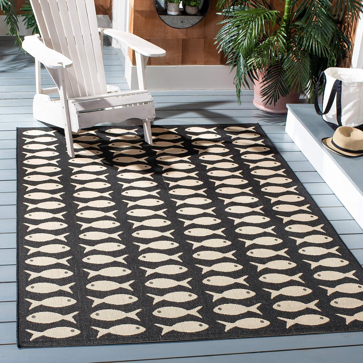 Tropical Coastal Square Rug 5'3" - Black & Beige, Synthetic, Non-Slip