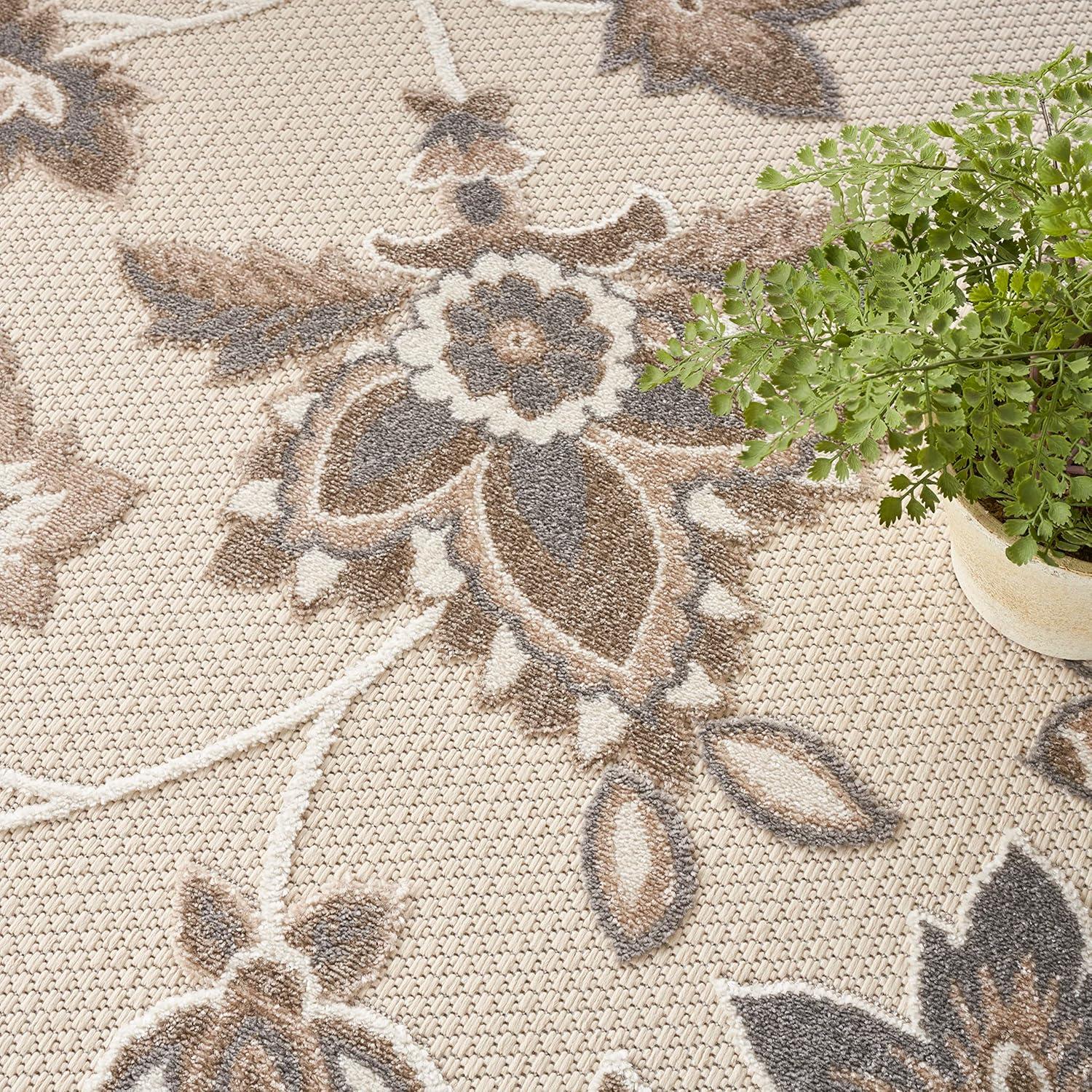 Nourison Aloha Floral Farmhouse Flatweave High-Low Indoor Outdoor Round Rug Beige 7’10” x 7'10"
