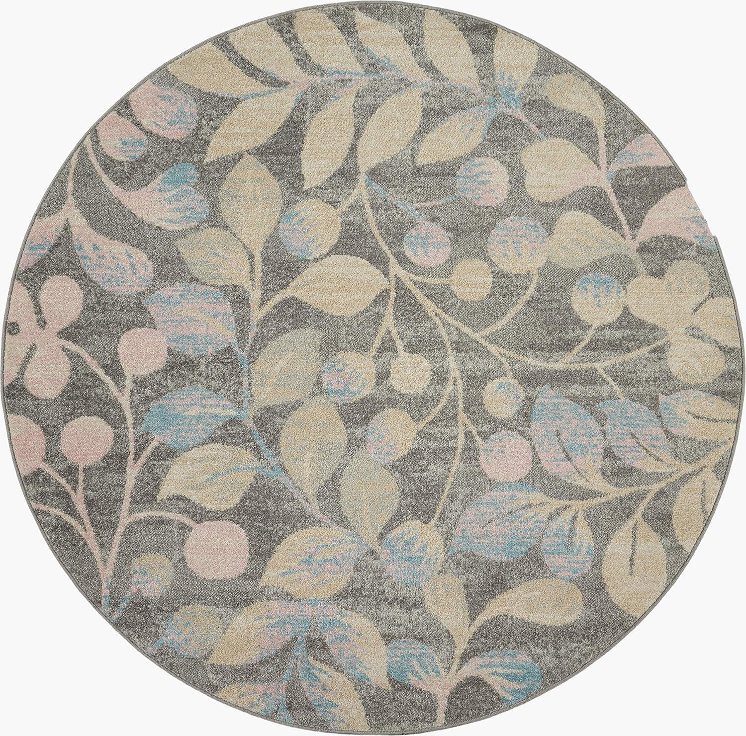 Nourison Tranquil 5'3" X ROUND (5' Round) Grey/Beige Area Rug Contemporary Botanical Vine and Bloom by Nourison