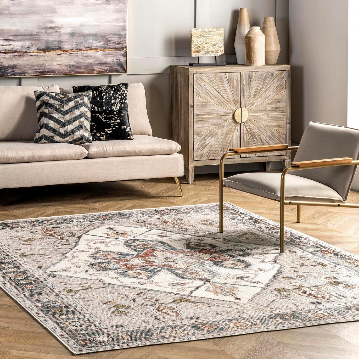 nuLOOM Mali Machine Washable Traditional Medallion Ultra Thin Accent Rug, 2' x 3', Ivory