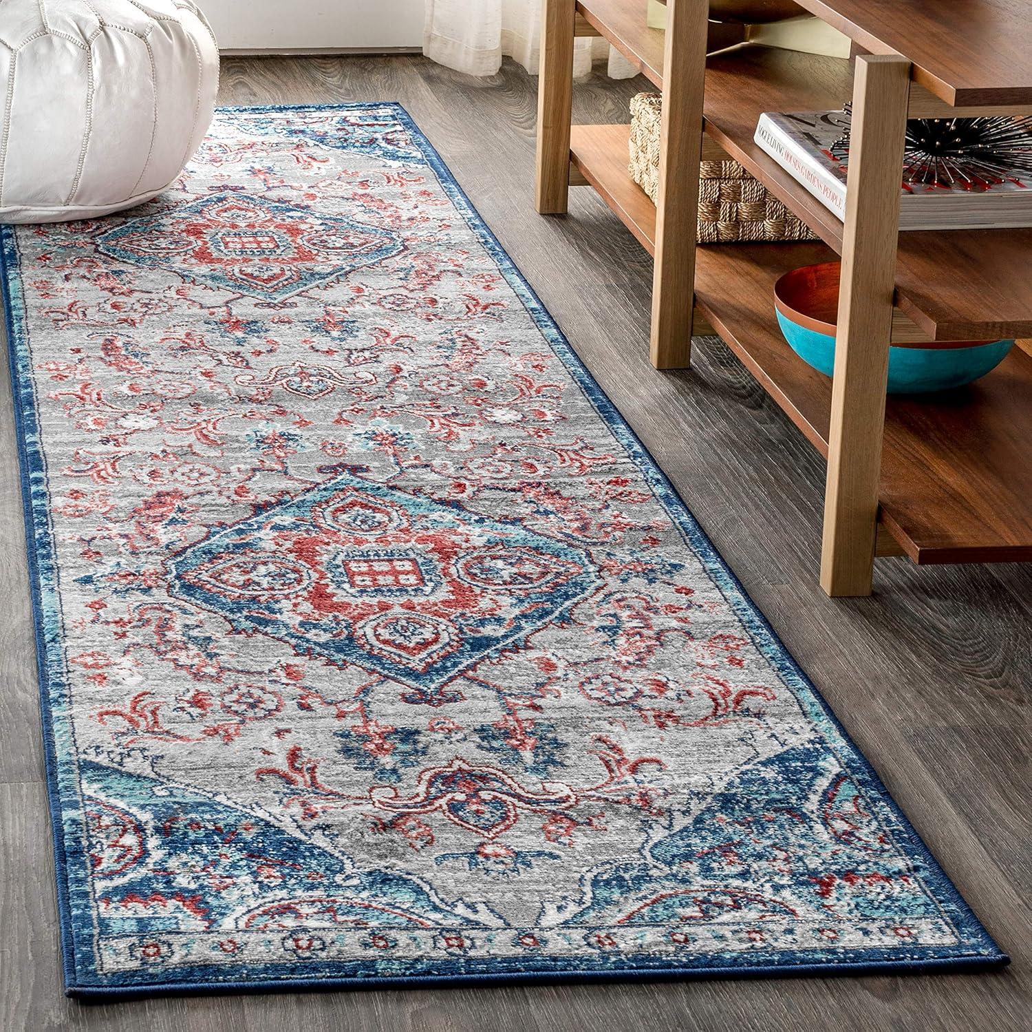 2'x8' Modern Persian Vintage Medallion Runner Rug, Red/Navy - JONATHAN Y