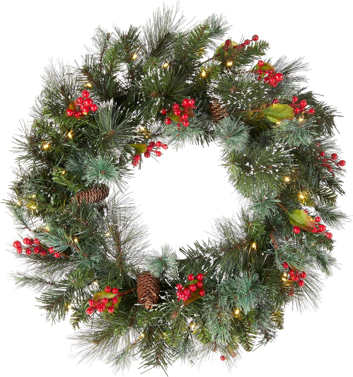 24" Prelit Wintry Pine Christmas Wreath with Cones and Berries White Lights - National Tree Company