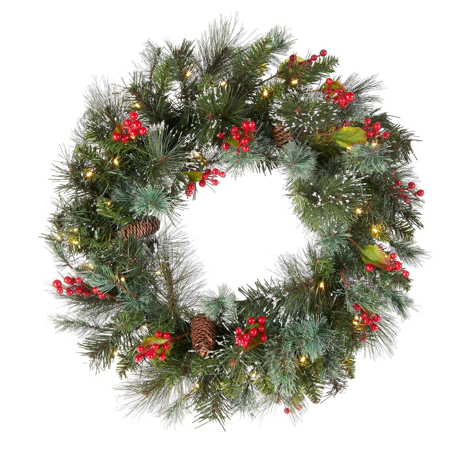 24" Prelit Wintry Pine Christmas Wreath with Cones and Berries White Lights - National Tree Company