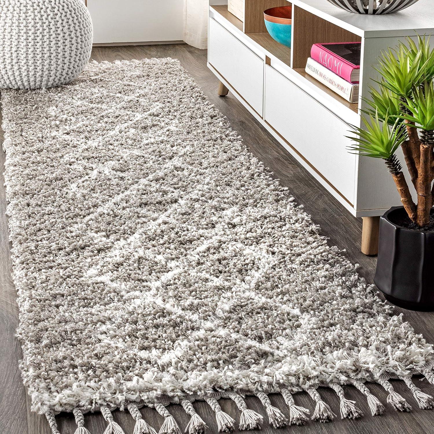 5'x8' Mercer Shag Plush Tassel Moroccan Geometric Trellis Area Rug, Grey/Cream - JONATHAN Y