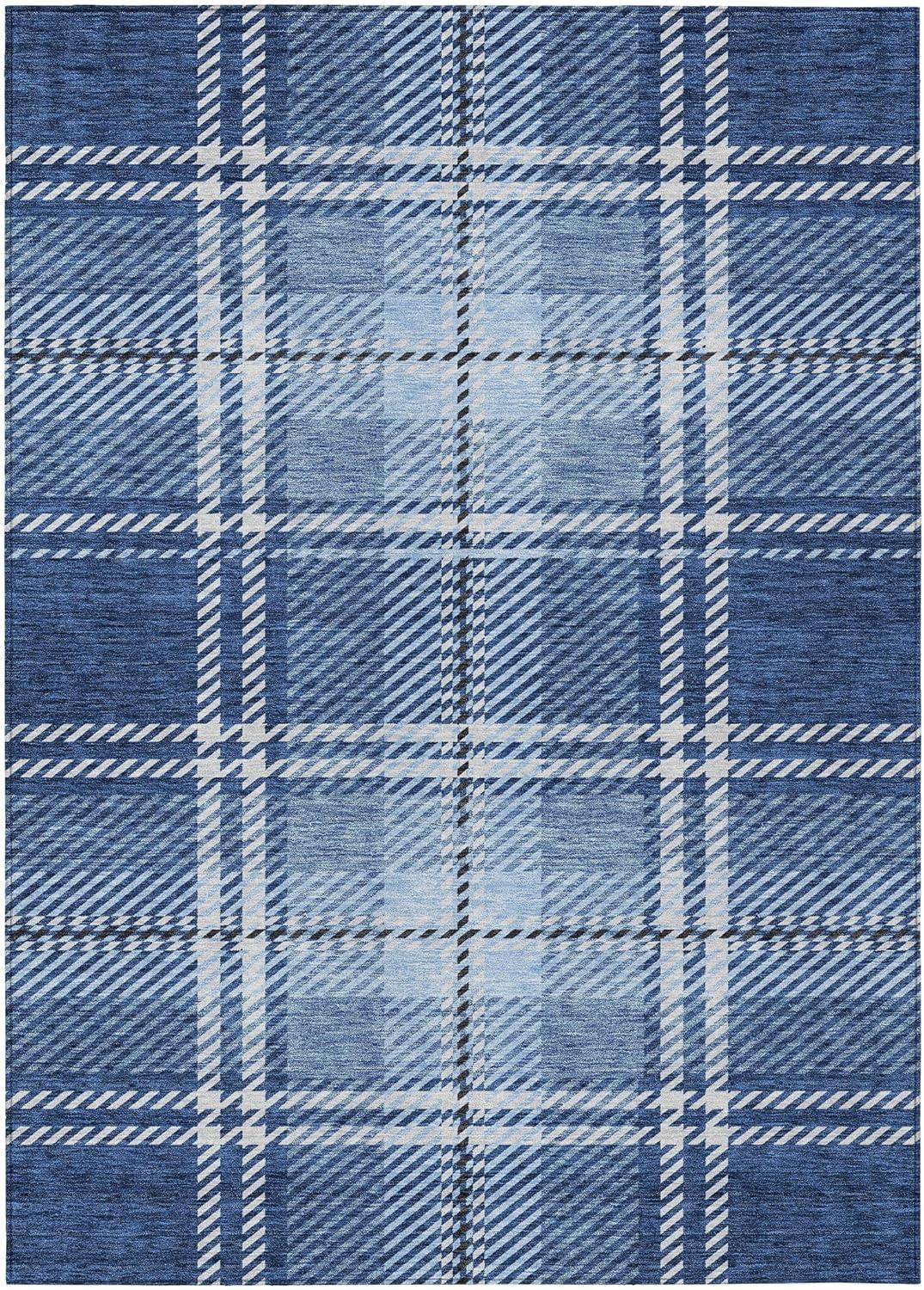 Navy and Light Blue Plaid Synthetic 8' x 10' Indoor/Outdoor Rug