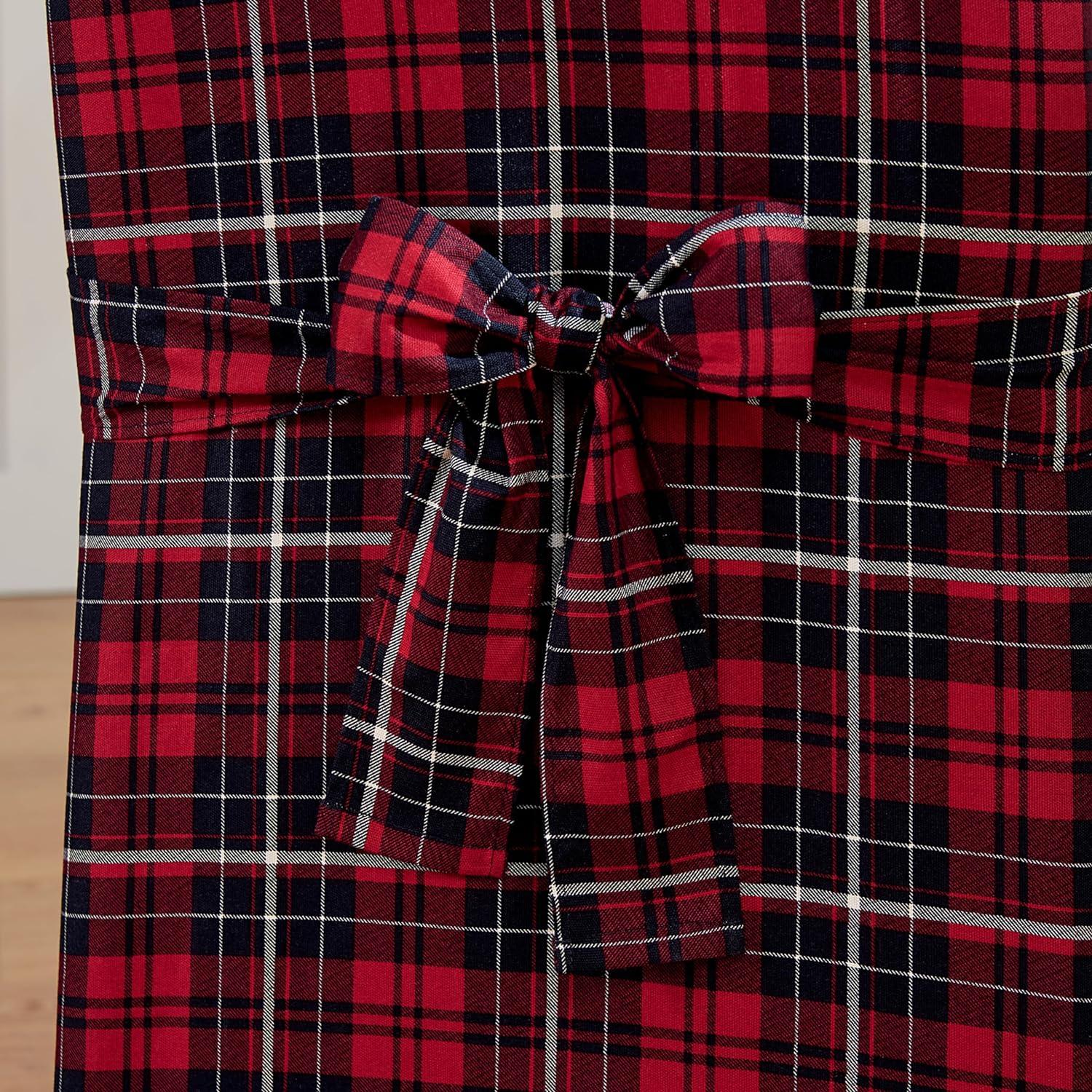 Red Plaid Cotton Canvas Long Dining Chair Slipcovers, Set of 2