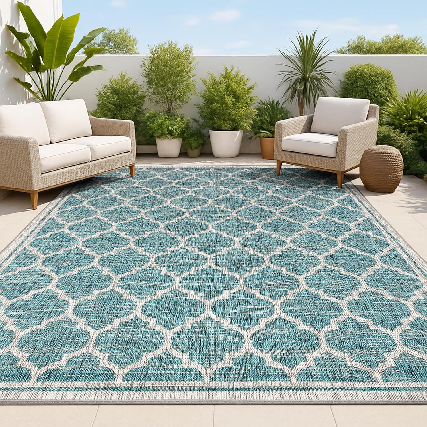 3'x5' Trebol Moroccan Trellis Textured Weave Indoor/Outdoor Area Rug, Teal/Gray - JONATHAN Y