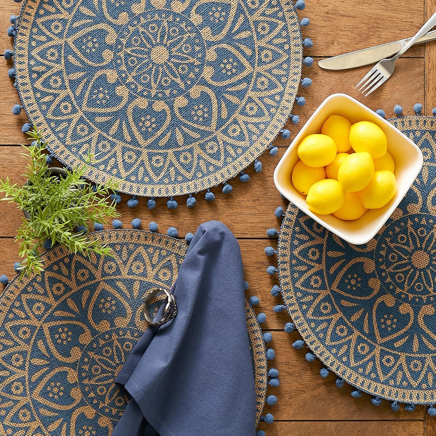 DII French Blue Block Print On Natural Cotton Placemat (Set of 6) 15 Round