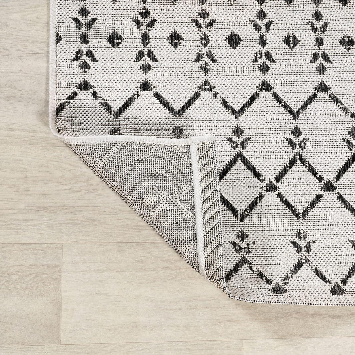 5' x 5' Ourika Moroccan Geometric Textured Weave Indoor/Outdoor Area Rug, Cream/Black - JONATHAN Y