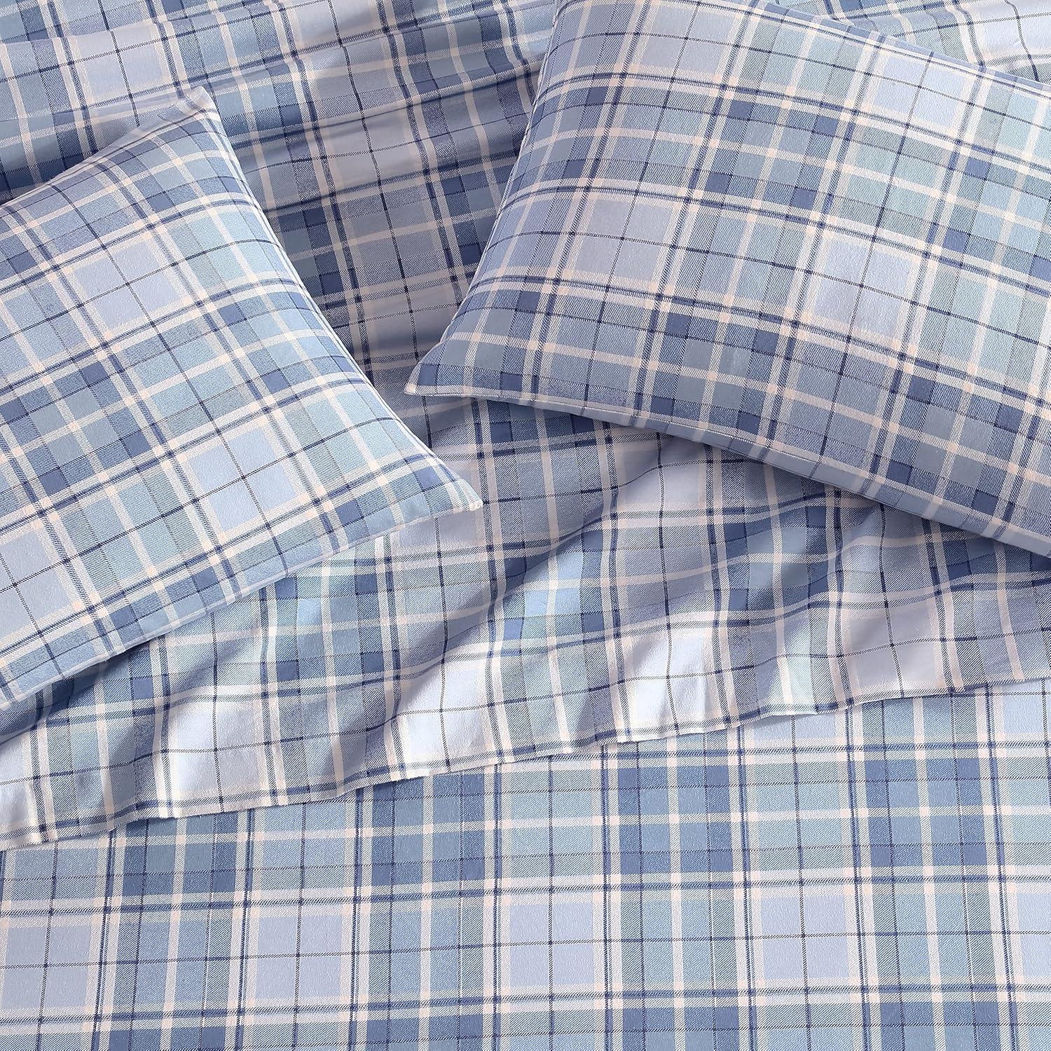 Vanessa Light Blue Cotton Flannel Full Plaid Sheet Set