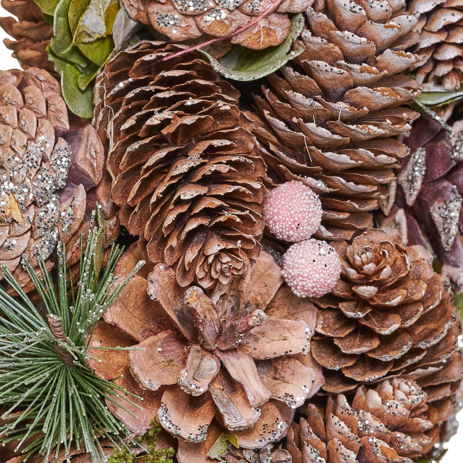 Christopher Knight Home Modern 18.5" Pine Cone and Glitter Artificial Christmas Wreath, Natural and White by