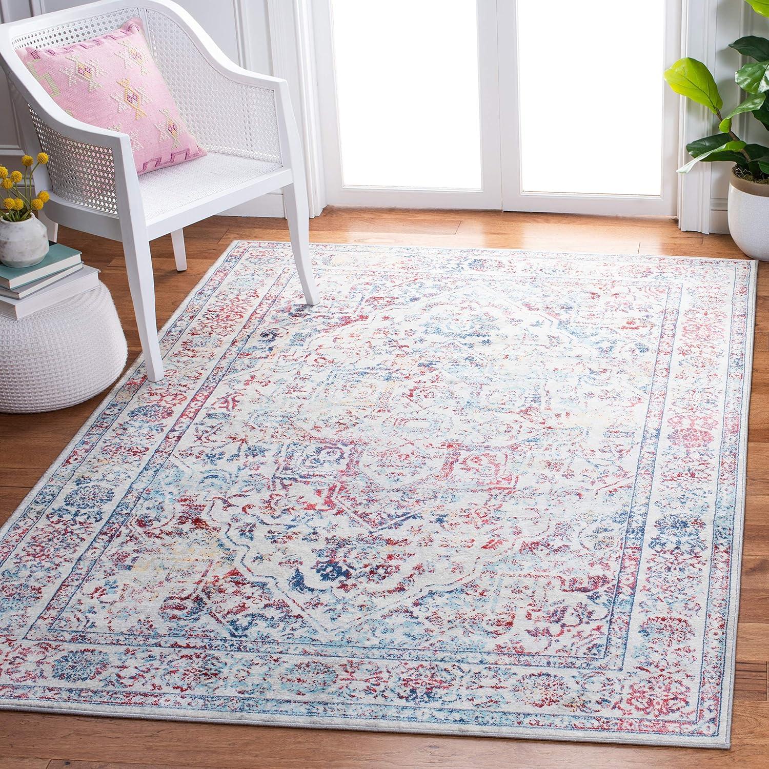 SAFAVIEH Brentwood Jaymz Floral Bordered Area Rug, 5'3" x 7'6", Ivory/Blue