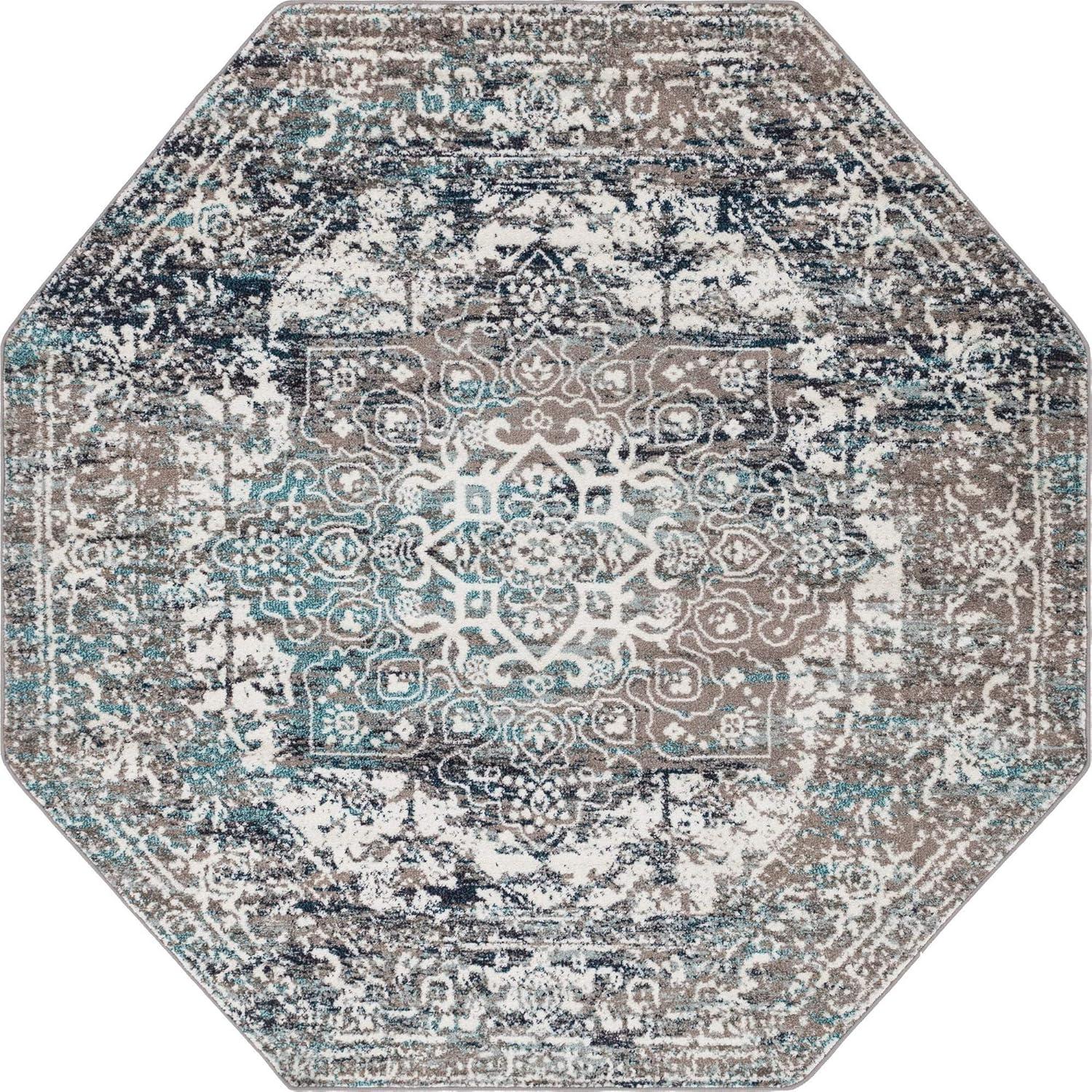 Gray Synthetic Octagon Medallion Easy Care Rug