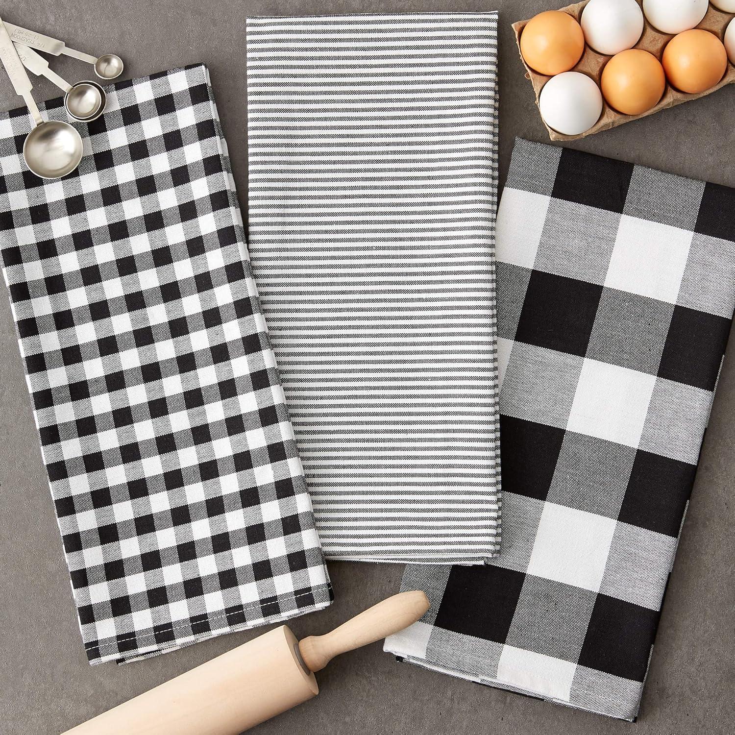 Design Imports  Dishtowel Set Gingham/Buffalo Check 3 Piece, 20X30", Black