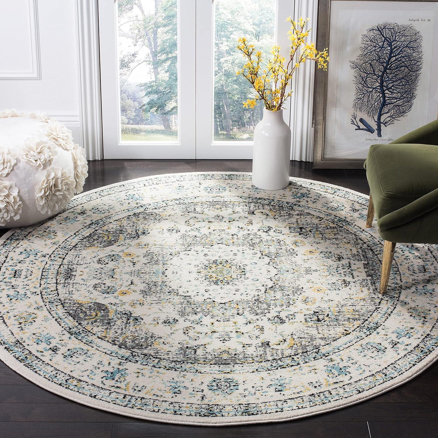 Chic Elegance 9' Round Grey and Gold Easy-Care Area Rug