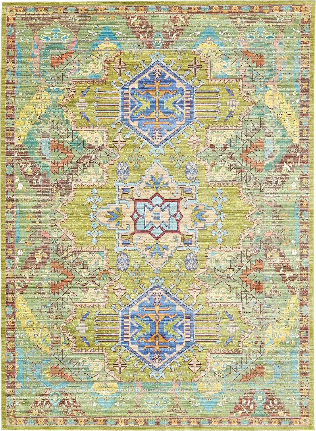 Light Green and Beige Geometric Pattern Stain-Resistant Area Rug