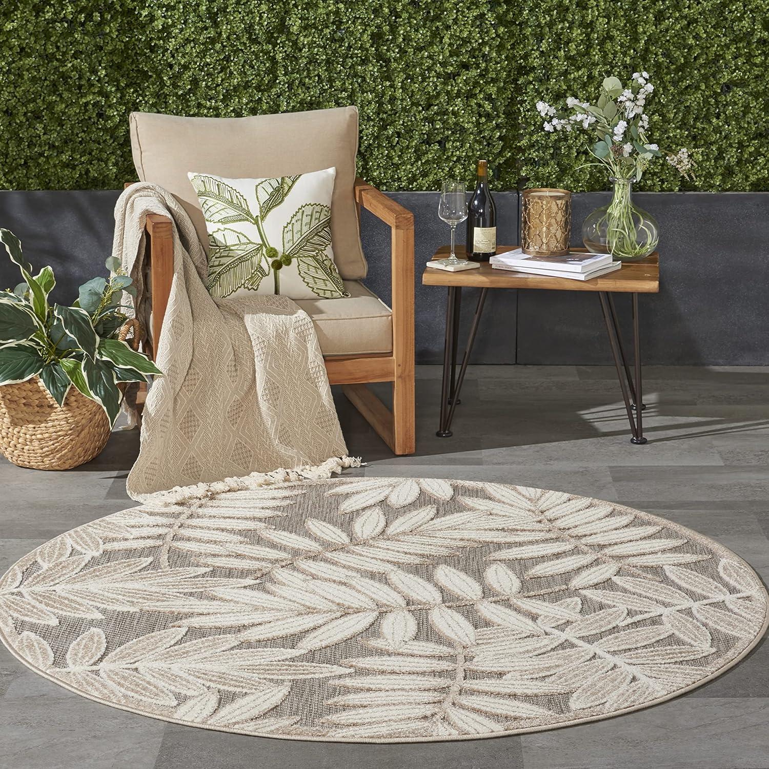 Nourison Aloha Floral Leaf Flatweave High-Low Indoor Outdoor Round Rug Natural 5'3" x 5'3"