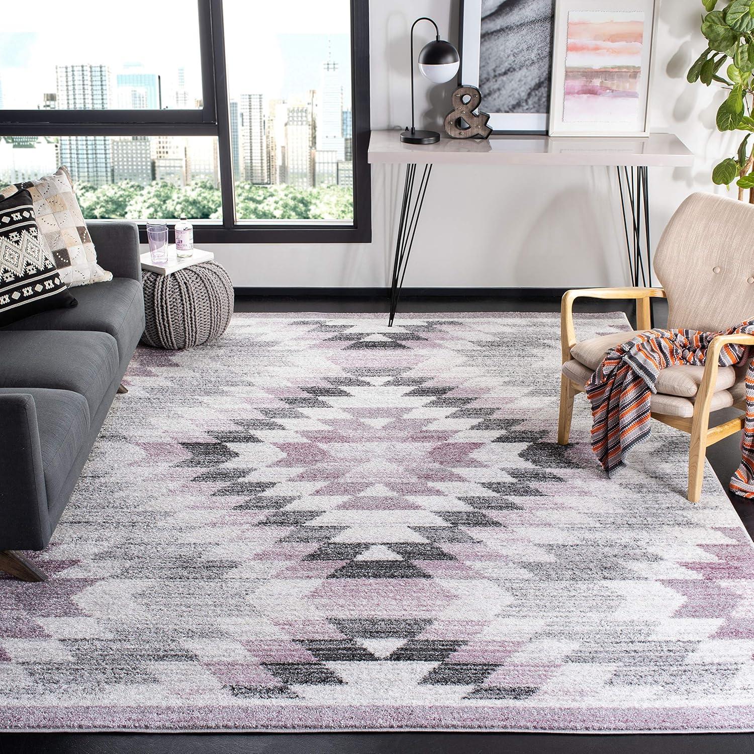 Ivory and Plum Geometric Synthetic Area Rug 5'1" x 7'6"