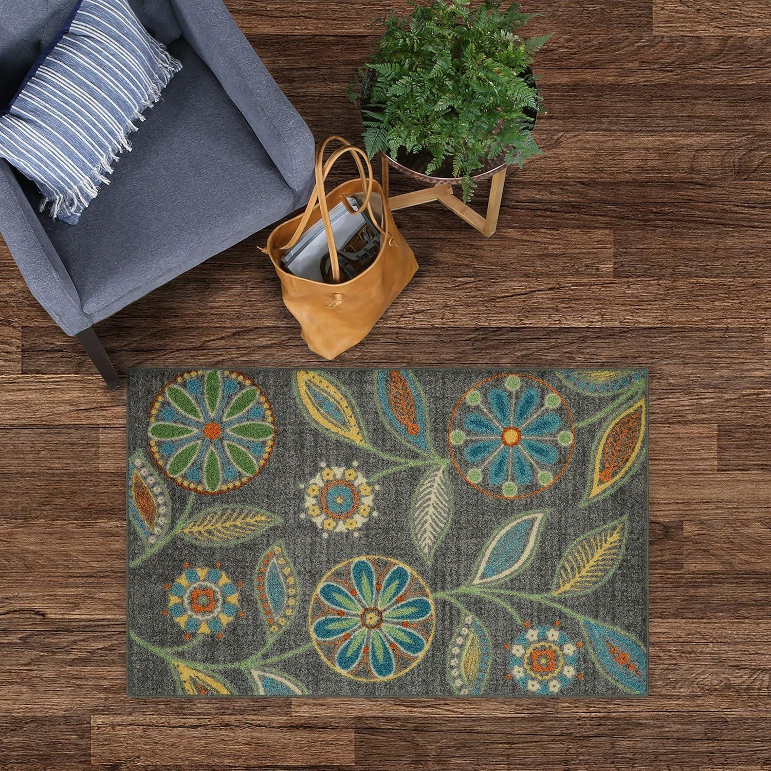 Gray Floral Tufted Washable Accent Rug