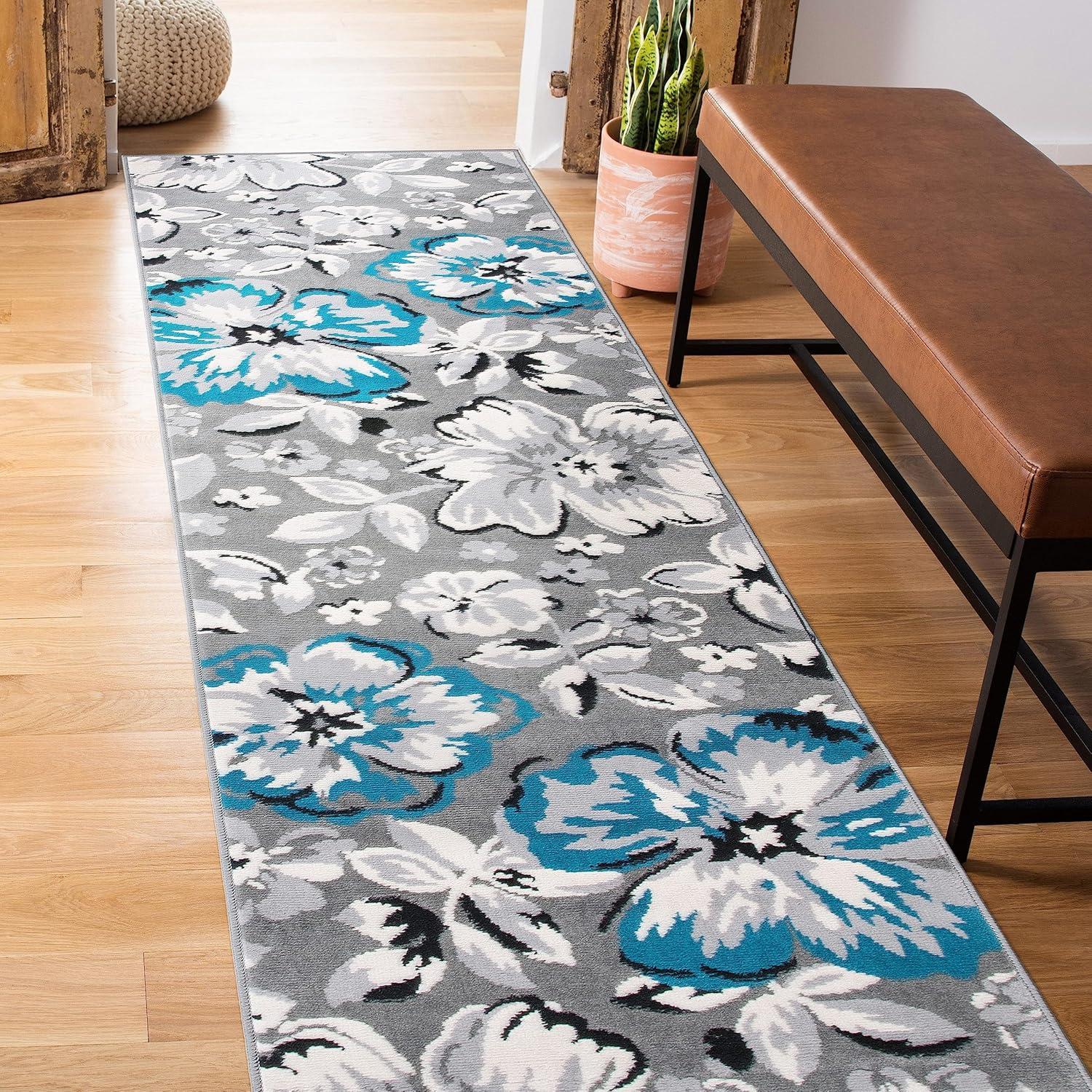 World Rug Gallery Modern Floral Design Blue 2' x 10' Runner Rug
