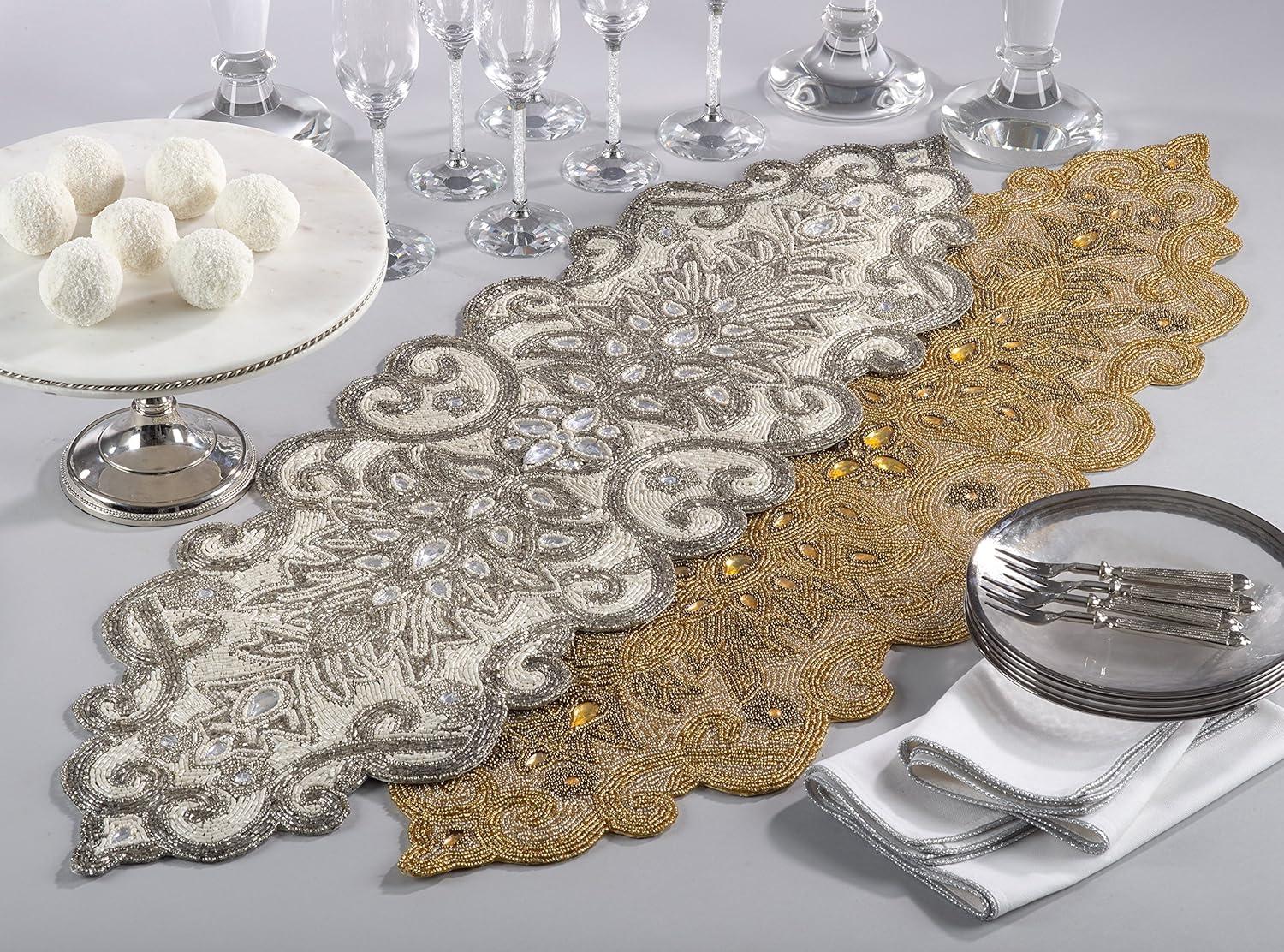 Saro Lifestyle Beaded Jeweled Scroll Motif Elegant Glam Design Table Runner