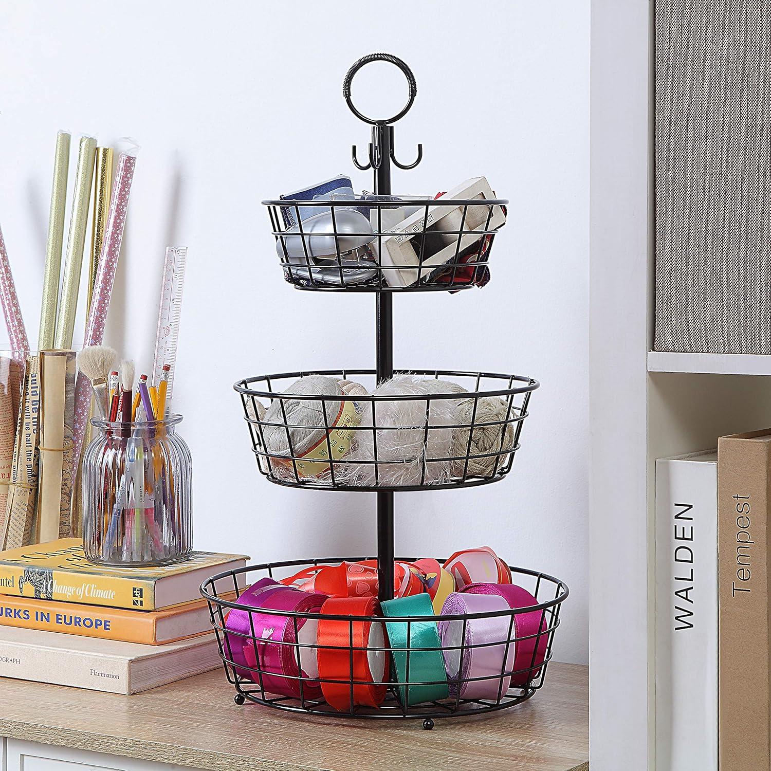 SunnyPoint Countertop French Country 3 Tier Wire Basket Stand (Black; FreeStand)