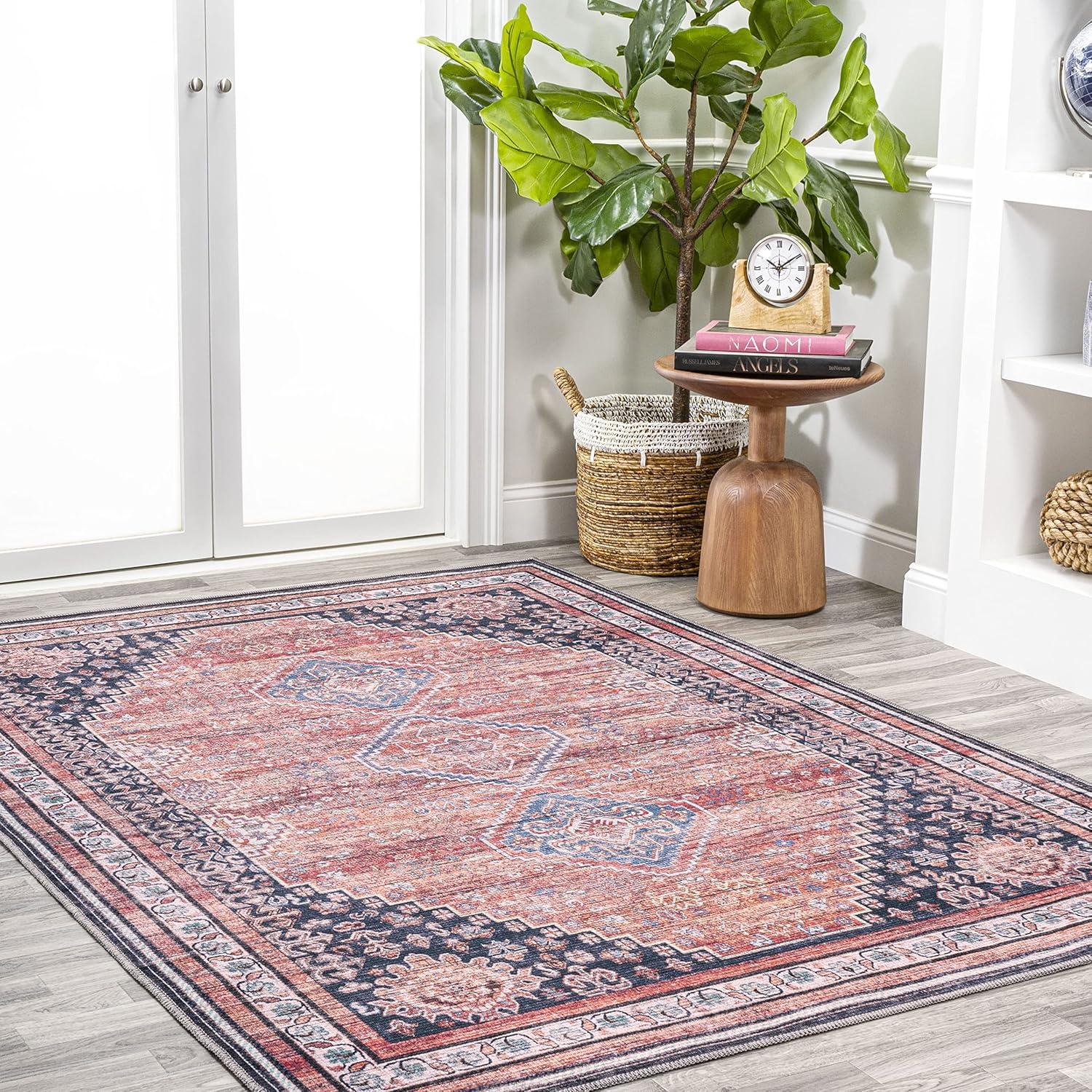 4' x 6' Dalyan Geometric Medallions Machine Washable Indoor/Outdoor Area Rug, Terra/Navy - JONATHAN Y