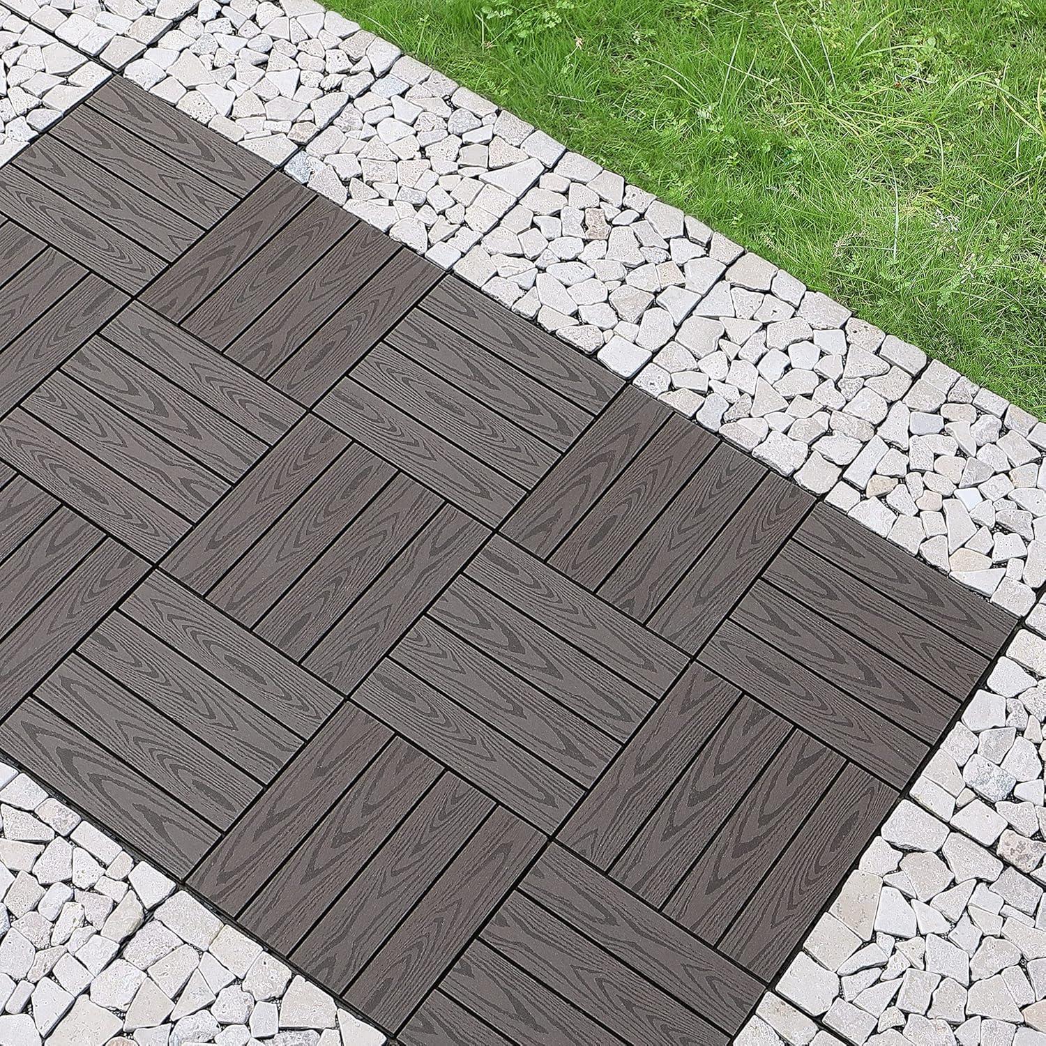 PURE ERA 12" x 12 "4pcs Natural Hole Stones Interlocking Decking Tile Set Indoor Outdoor Floor Patio Pathway Ground Coverings (Pack of 4, Sliced Tan/Light Beige)