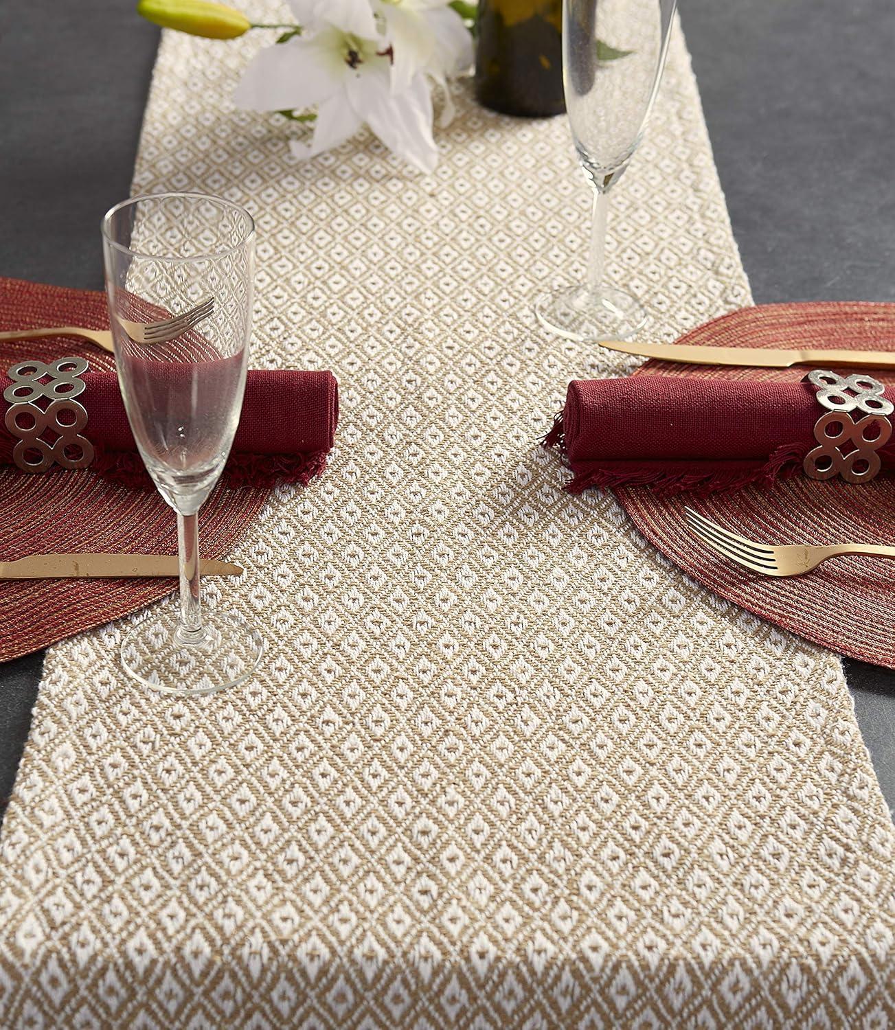 Design Imports  Mini Diamond Jacquard Fringe Table Runner, Stone, 15X72"