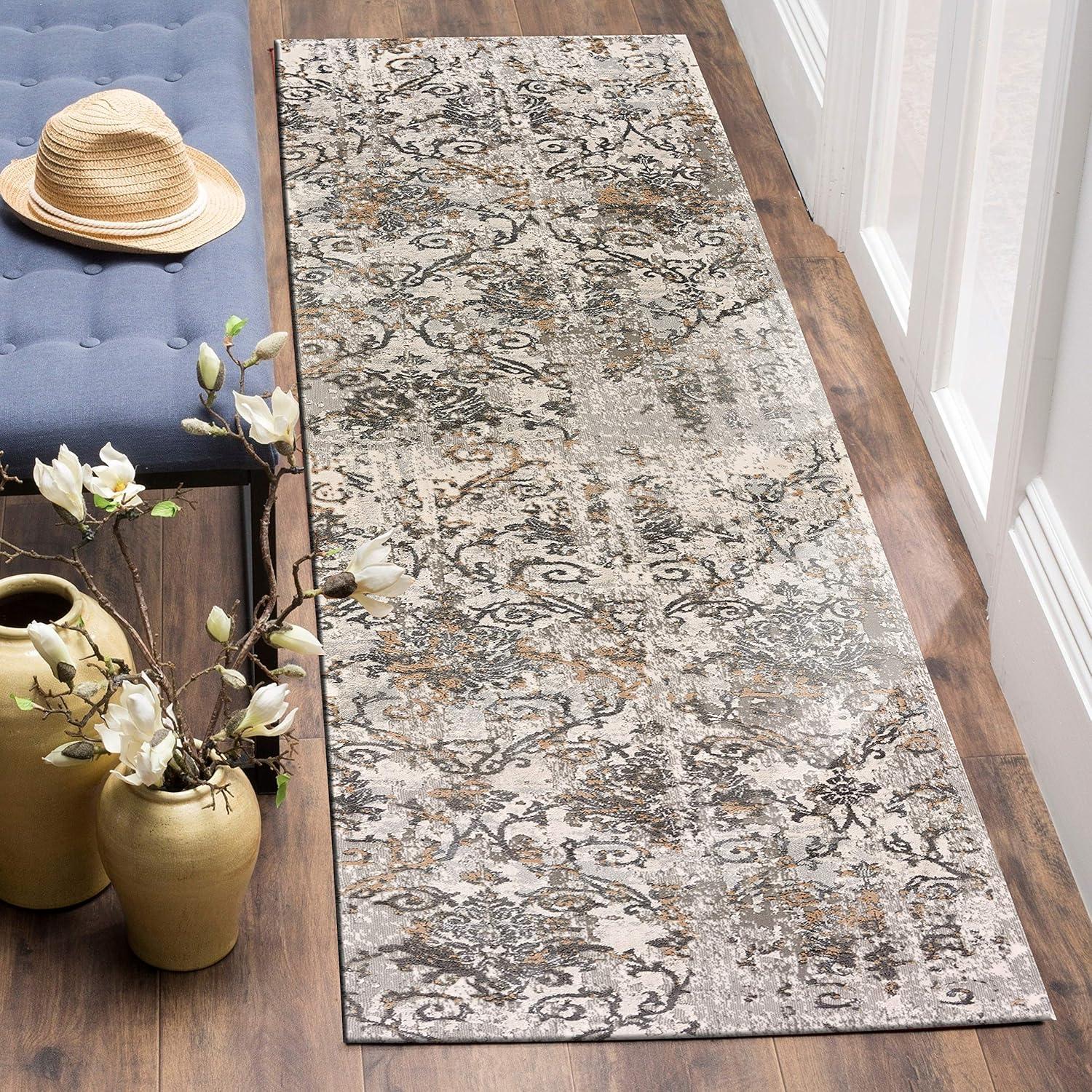 Cream and Taupe Hand-Knotted Synthetic Runner Rug, 2'2" x 7'7"