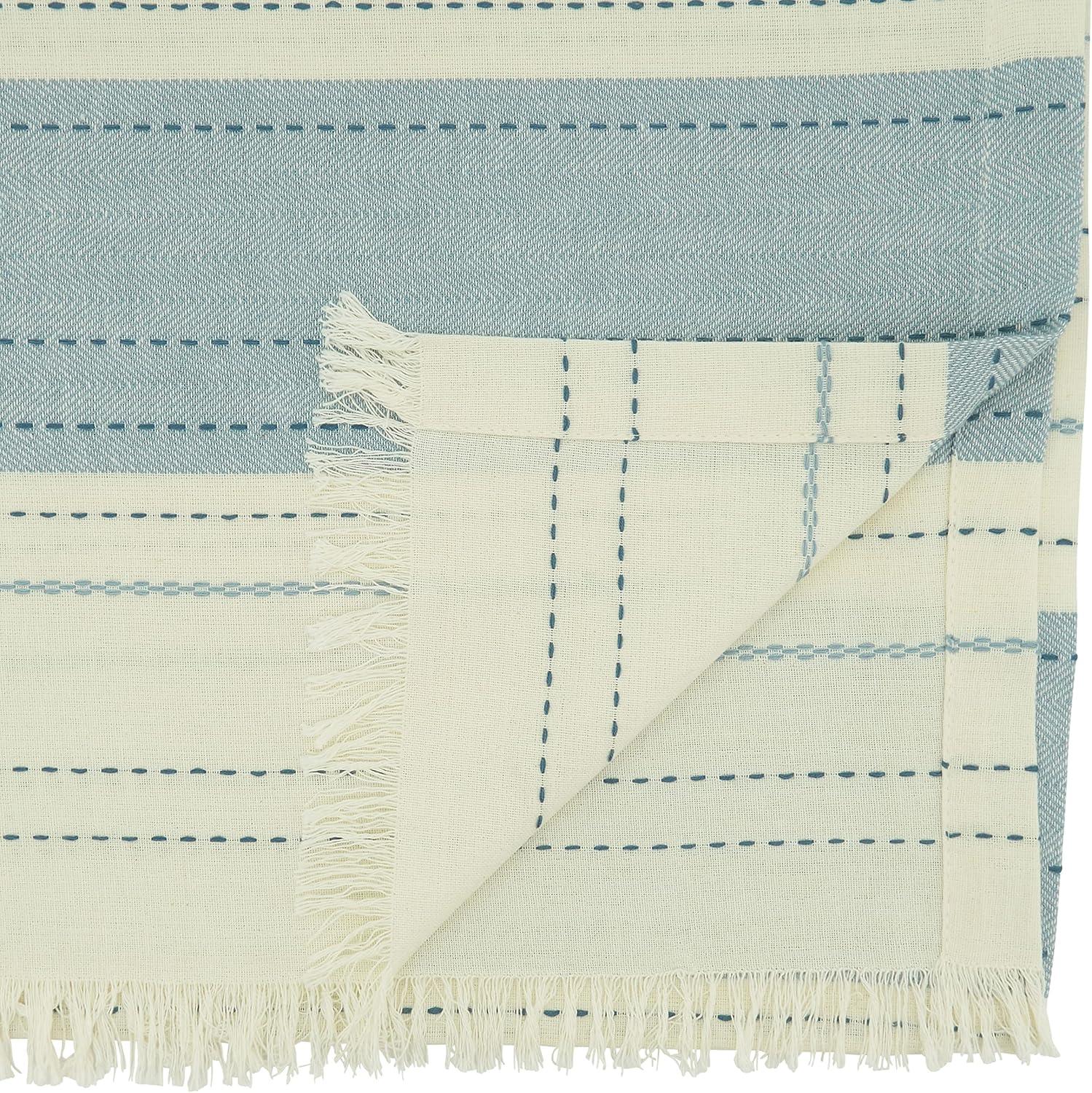 Blue and Off-White Cotton Striped Dobby Table Runner