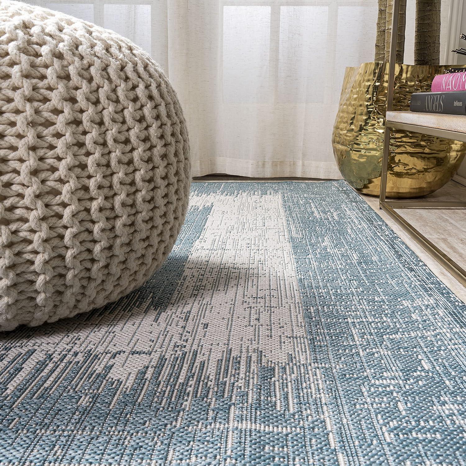 3'x5' Scandi Minimalist Border Indoor/Outdoor Area Rug, Aqua/Ivory - JONATHAN Y