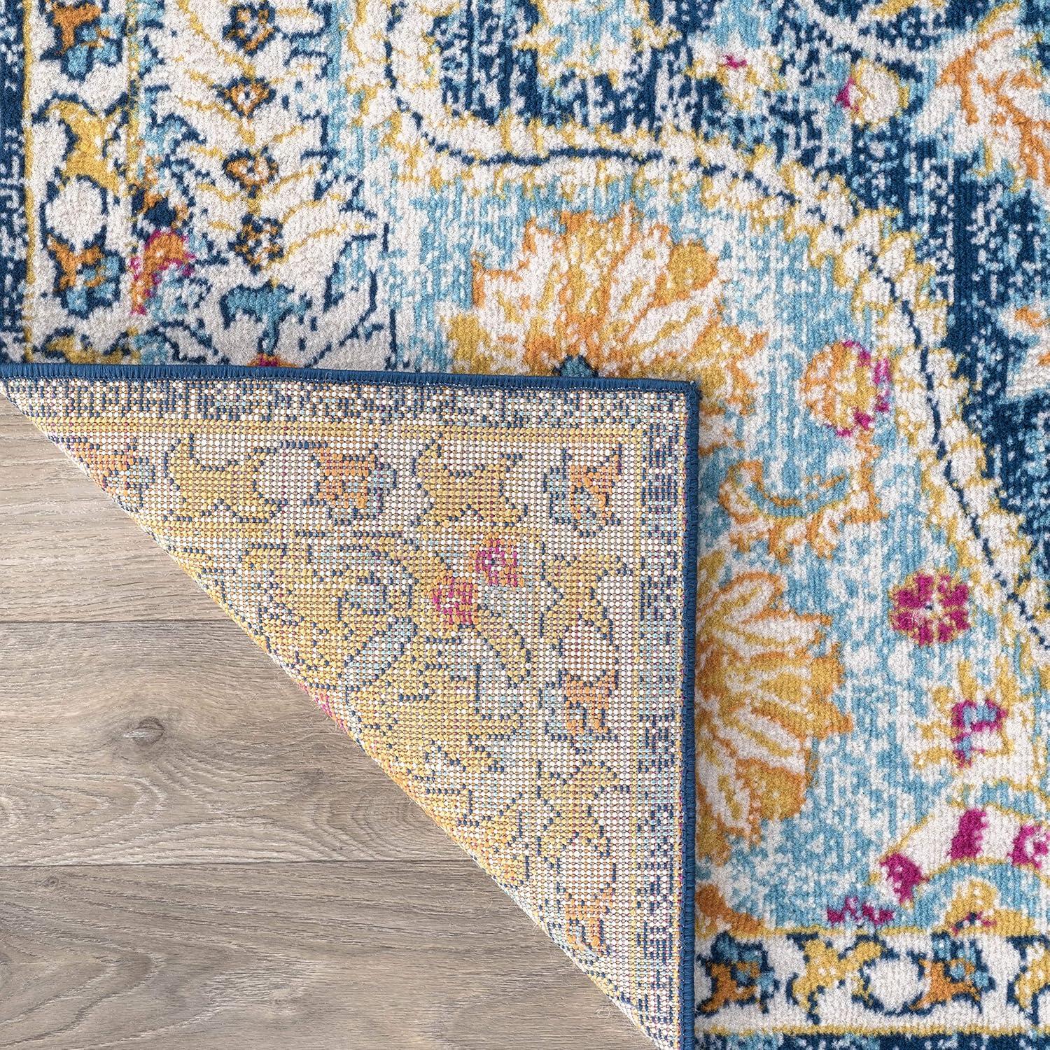 World Rug Gallery Distressed Vintage Bohemian Navy 5' x 7' Area Rug:  Medallion Pattern,  Pet Friendly,  Stain-Resistant,  Low Pile